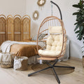 Brafab Hanging Egg Chair with Stand and Footrest, Wicker Egg Swing Chair Indoor Outdoor Aluminum-Steel Frame and UV Resistant Cushion, Patio Lounge Hammock Chairs for Bedroom 370LBS Capacity, Begie
