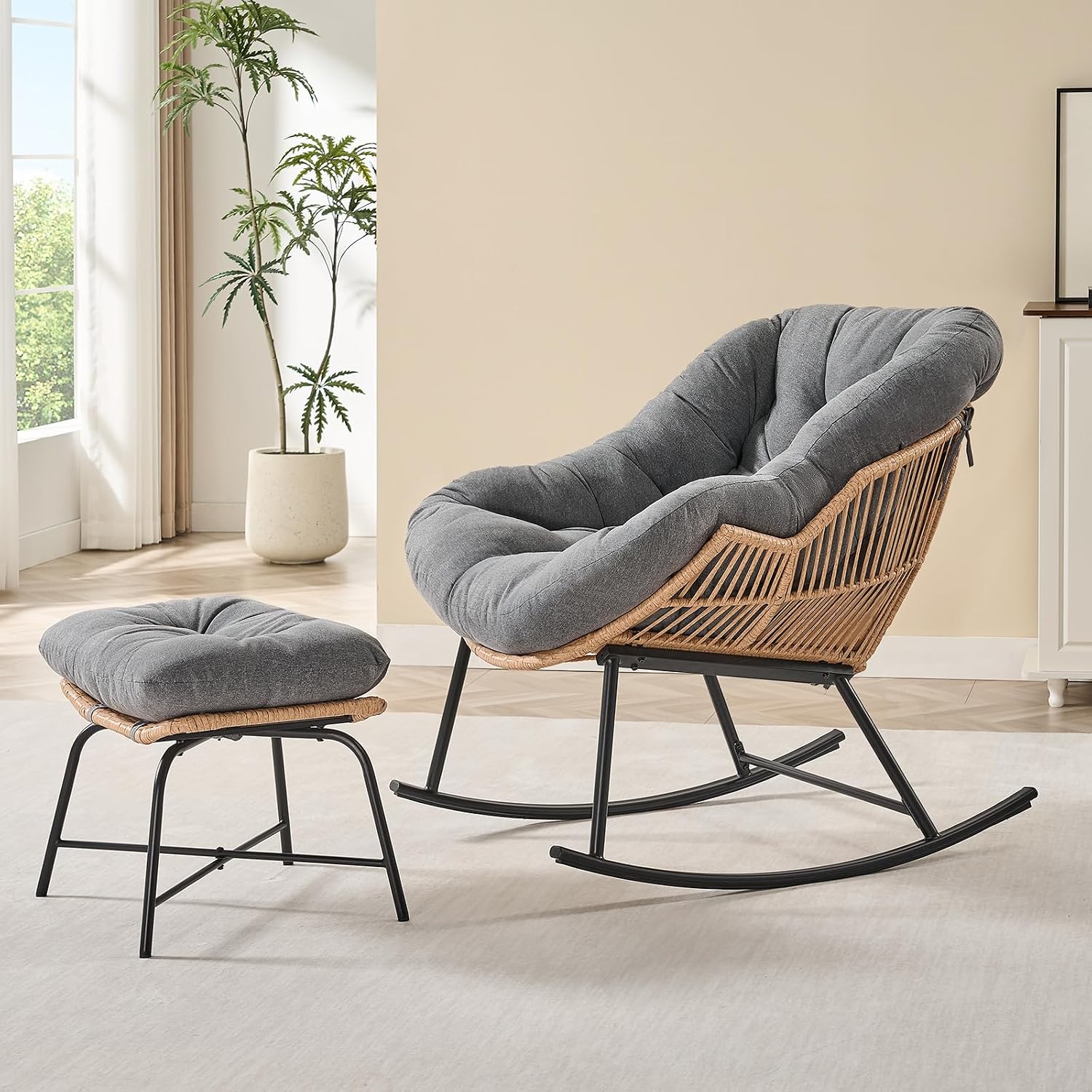 ONBRILL Papasan Rocking Chair with Ottoman,Oversized Papasan Chair with Padded Cushion, Indoor & Outdoor Rocker Chair for Living Room, Patio, Garden, Gray