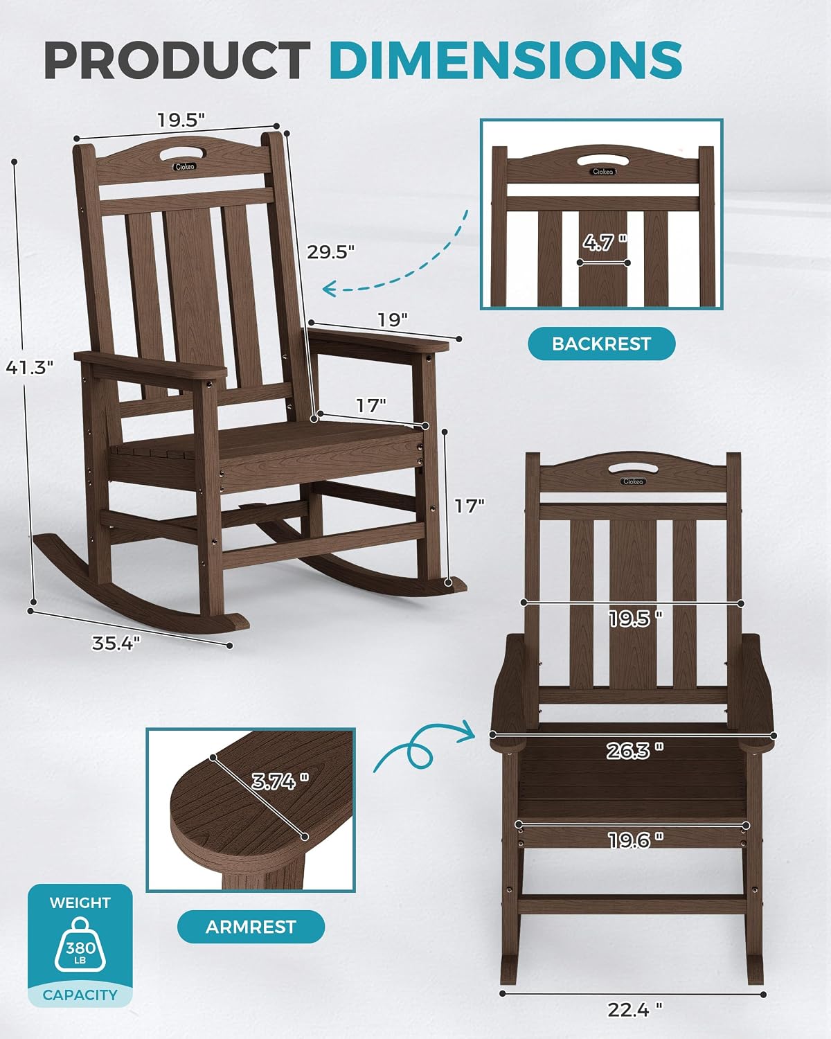 Ciokea Oversized Outdoor Rocking Chair, 380lbs Heavy-Duty Large Patio Rocker, Weather Resistant & Anti-Fade Porch Chair, High Back Cozy Rocking Chair for Outside, Fire Pit, Deck, Garden, Brown