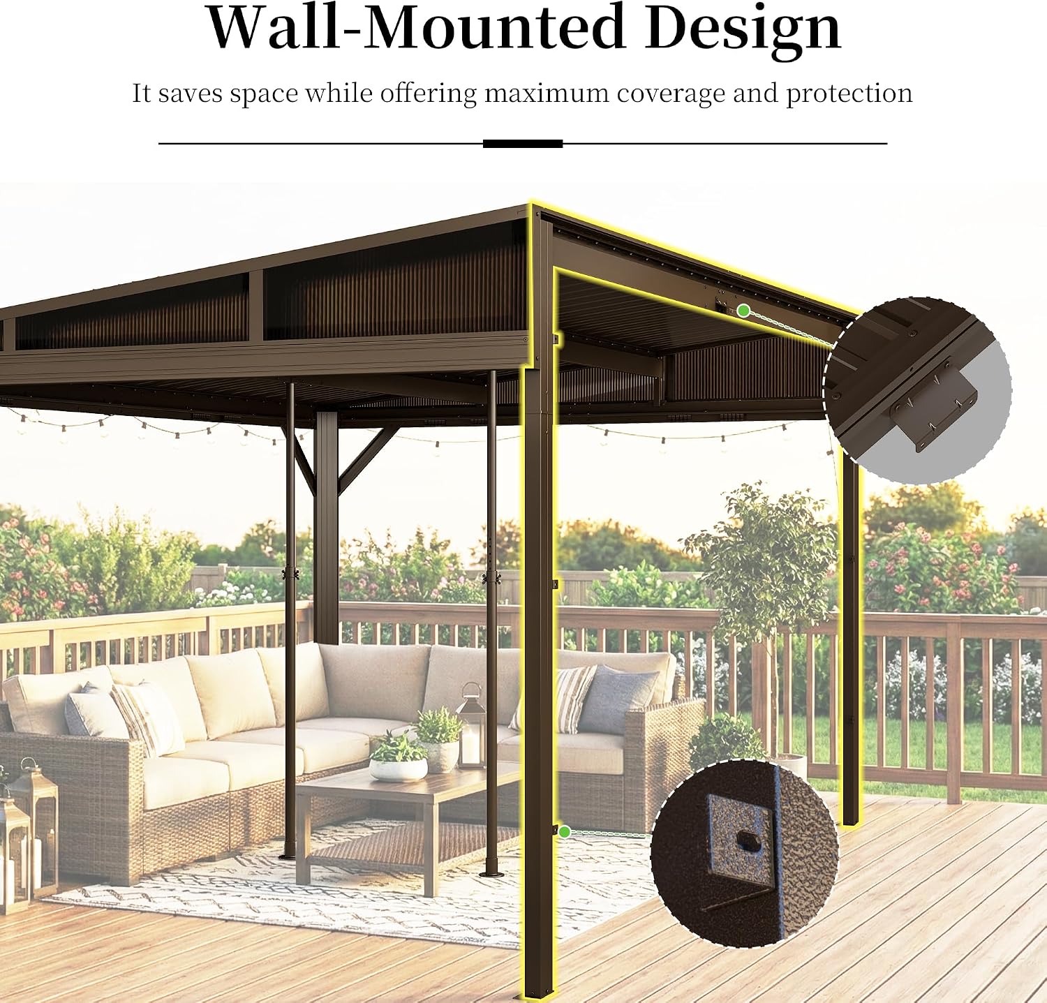 DOMI 12x14FT Lean to Gazebo, Outdoor Hardtop Wall Mounted Gazebo with Sloping Galvanized Steel Roof, Durable Aluminum Frame, Netting Curtain for Deck, Porch, Backyard