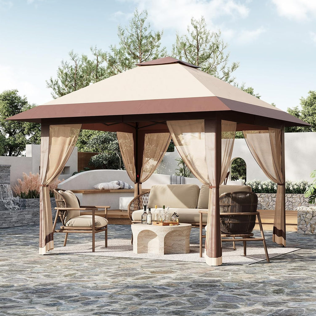 13x13FT Pop Up Gazebo with Mosquito Netting, Outdoor Canopy Tent with Double Roof, Folding Gazebo for Patio, Backyard, Garden, Camping, Party, Wedding, Adjustable Height Khaki