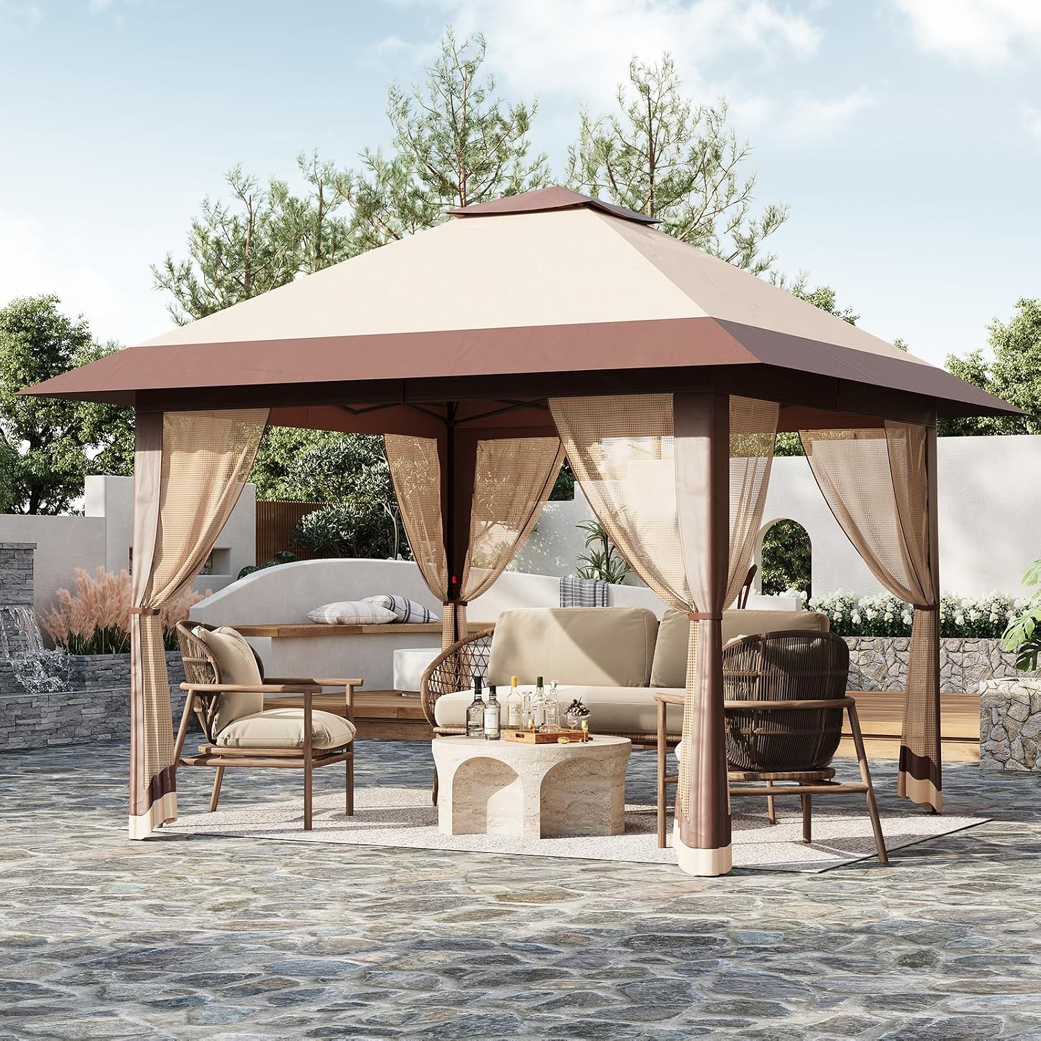 13x13FT Pop Up Gazebo with Mosquito Netting, Outdoor Canopy Tent with Double Roof, Folding Gazebo for Patio, Backyard, Garden, Camping, Party, Wedding, Adjustable Height Khaki