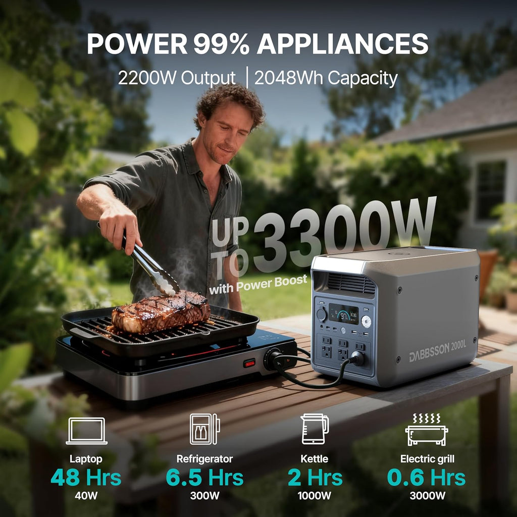 DABBSSON 2000L Solar Generator with Charger S, 2048Wh Semi-Solid LiFePO4, 560W Alternator Charger, 2200W AC x6, P-Boost 3300W, Compact&Lightweight, 1.3X Runtime, Portable Power Station for Camping/RV