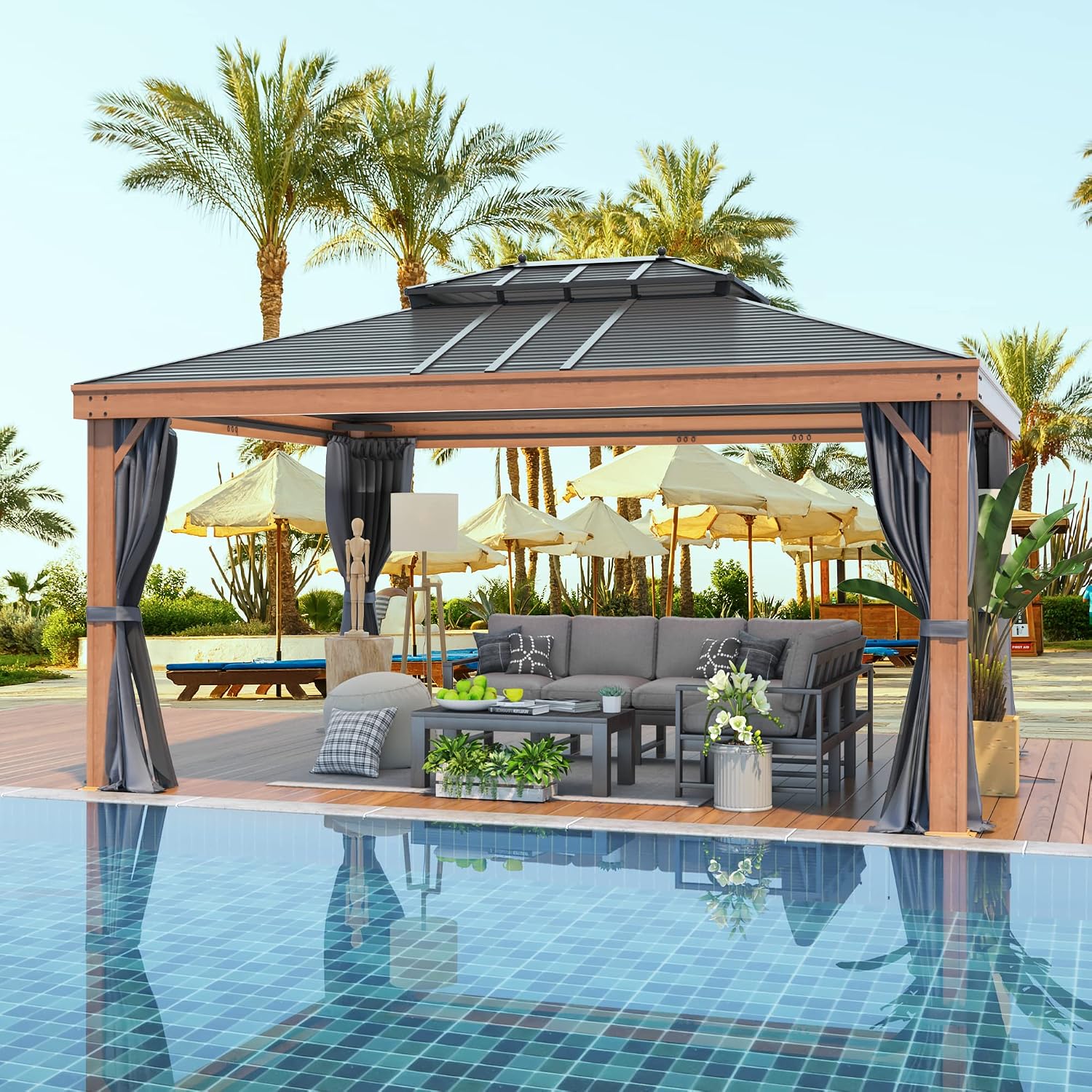 YOLENY 12'x16' Gazebo Wood Grain Aluminum Frame Hardtop Gazebos with Galvanized Steel Roof, Curtains and Nettings for Backyard,Patio and Garden