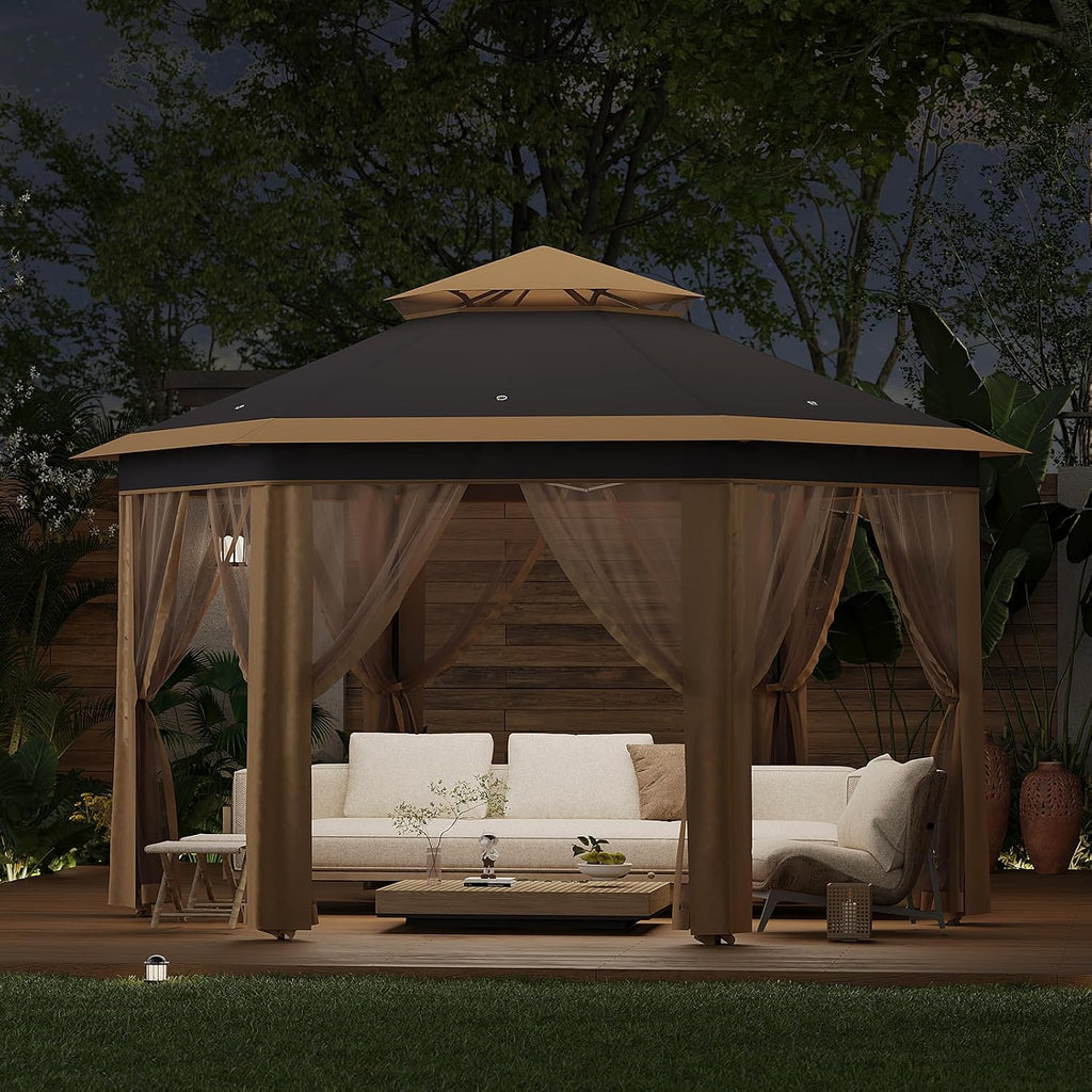 13' x 13' Pop-Up Gazebo Canopy Tent with Zippered Mesh Sidewalls and Carrying Bag, Event Tent Shelter for Patio Garden Backyard, Khaki and Beige