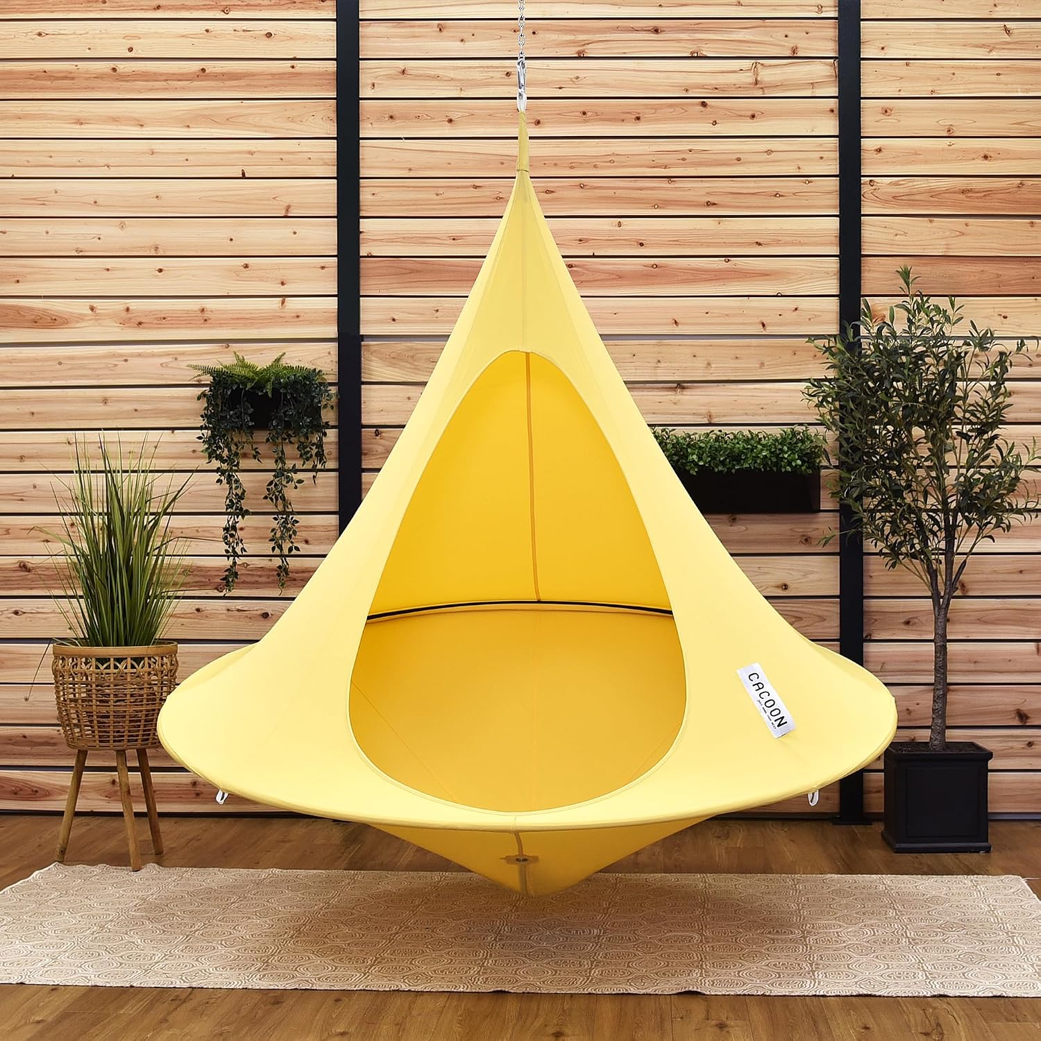 Double Cacoon Hanging Chair for Two – Cozy Indoor/Outdoor Hammock with Polyester Canvas, 440 lb Capacity, Includes 18ft Rope & Carabiner (Lemonade)