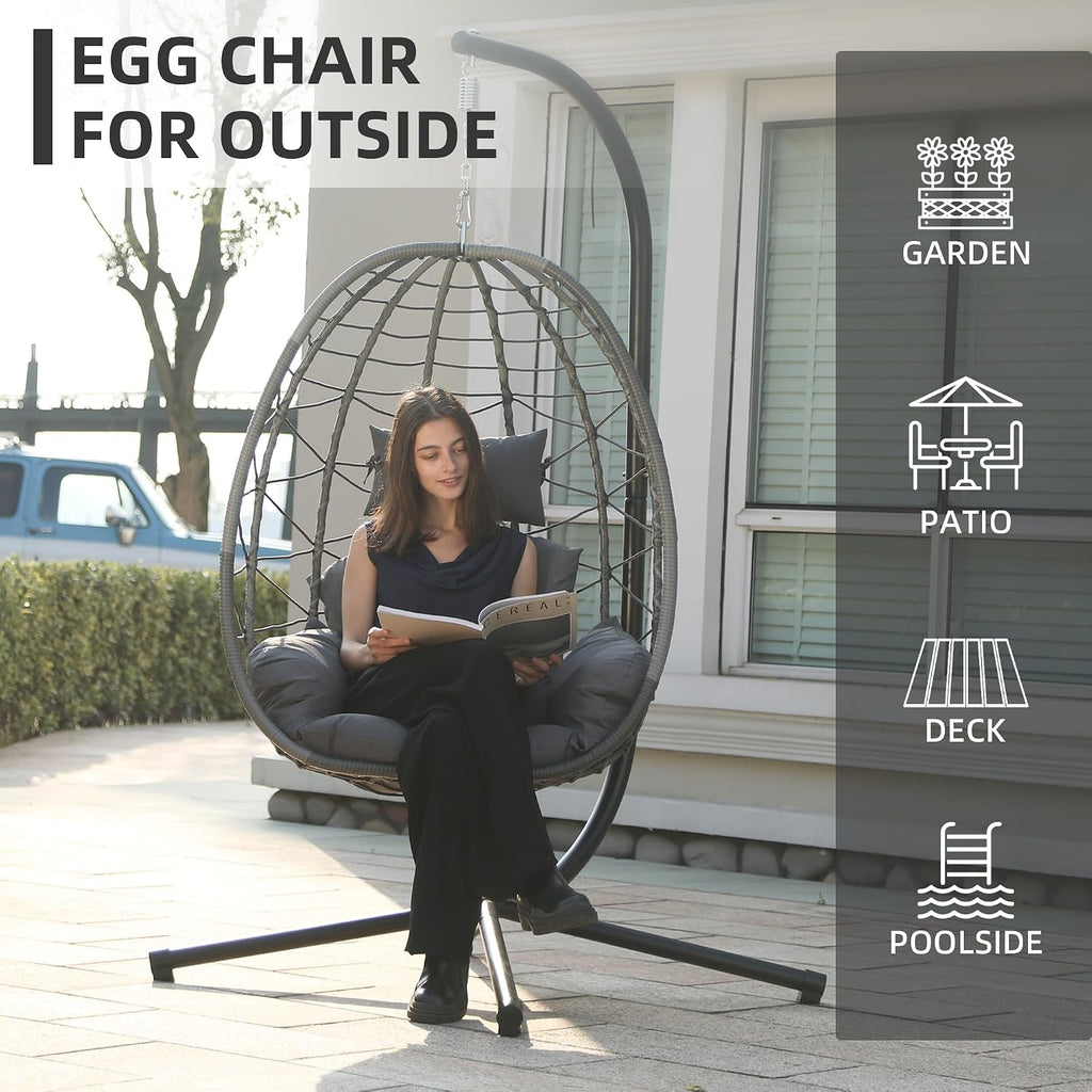 DoubleTT Egg Chair with Stand, Swing Chair Hanging Chair Nest Basket, UV Resistant Removable & Washable Cushions,350LBS Capacity for Bedroom, Balcony, Garden(GR-GR)