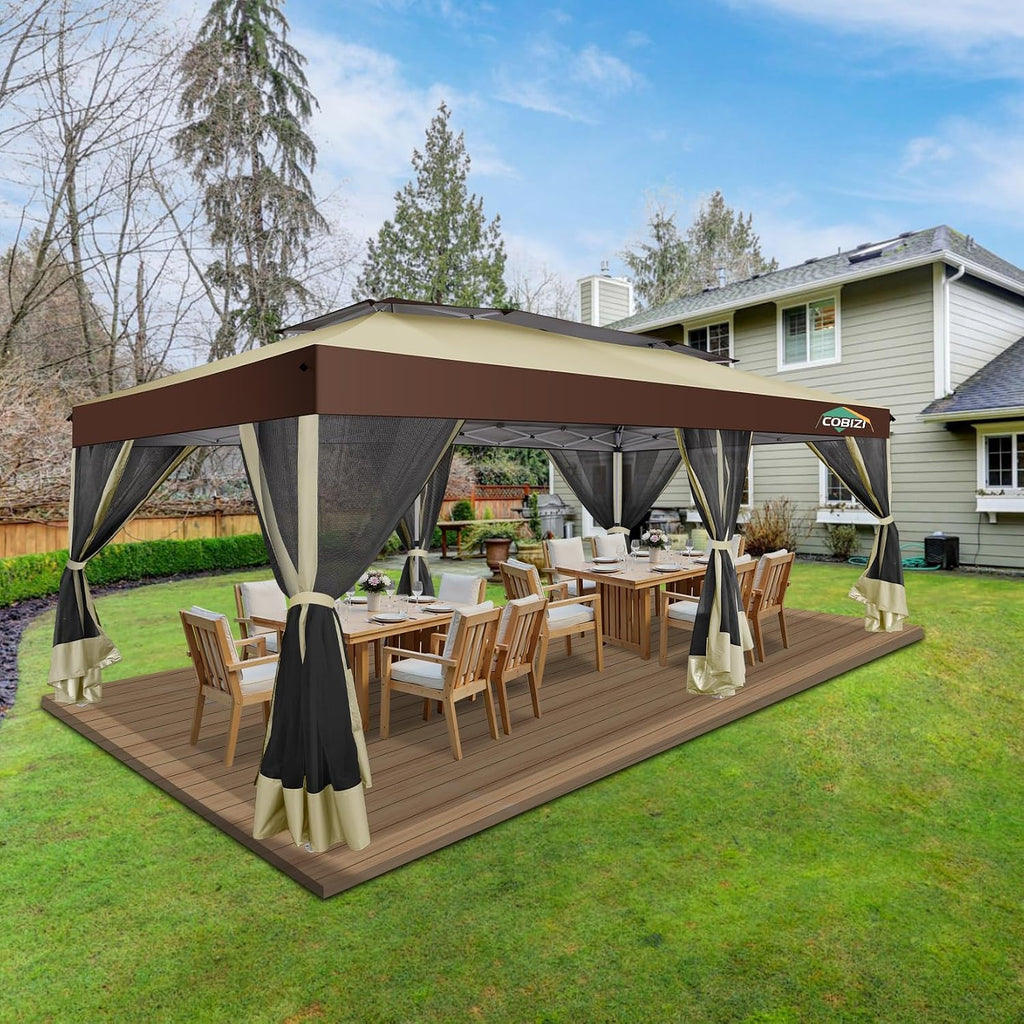 COBIZI 10x20 Pop up Gazebo, One-Push Setup Canopy Tent with Mosquito Netting & Vented Roof Design, Upgrade Metal Easy up Canopy Carpa Outdoor Gazebos for Backyard Camping Deck Party(Khaki & Brown)