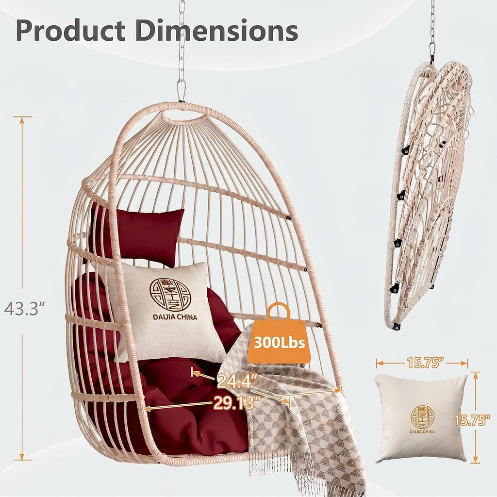 Hanging Egg Chair with Pillow, HDPE Rattan Foldable Swing Chair with Aluminum Frame & UV Resistant Cushion, Hammock Egg Basket Without Stand for Indoor Outdoor, 350Lbs Capacity, Strawberry Red