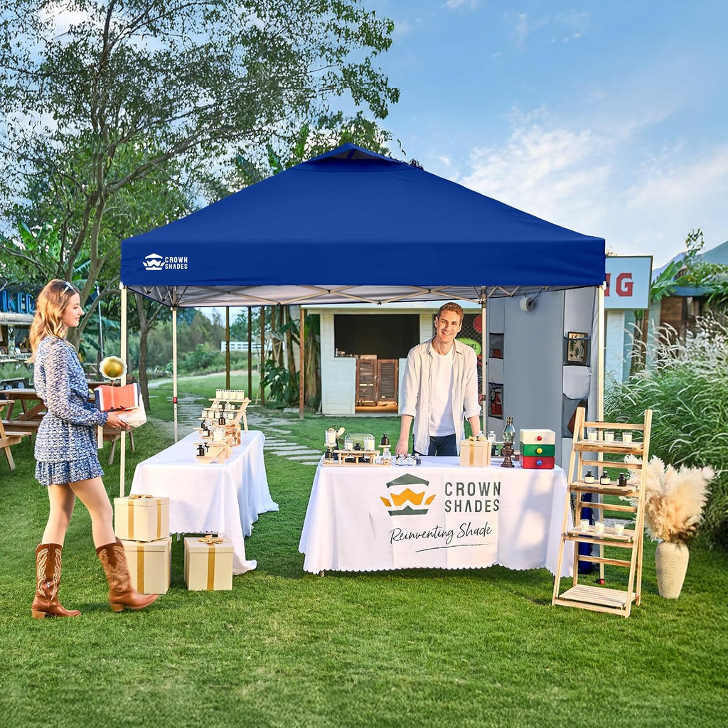 CROWN SHADES Canopy Tent, 10 x 10 Foot Portable Pop Up Outdoor Shelter with Pocket Sidewall, Push Center Lock, UV Protection, and Carry Bag, Navy Blue