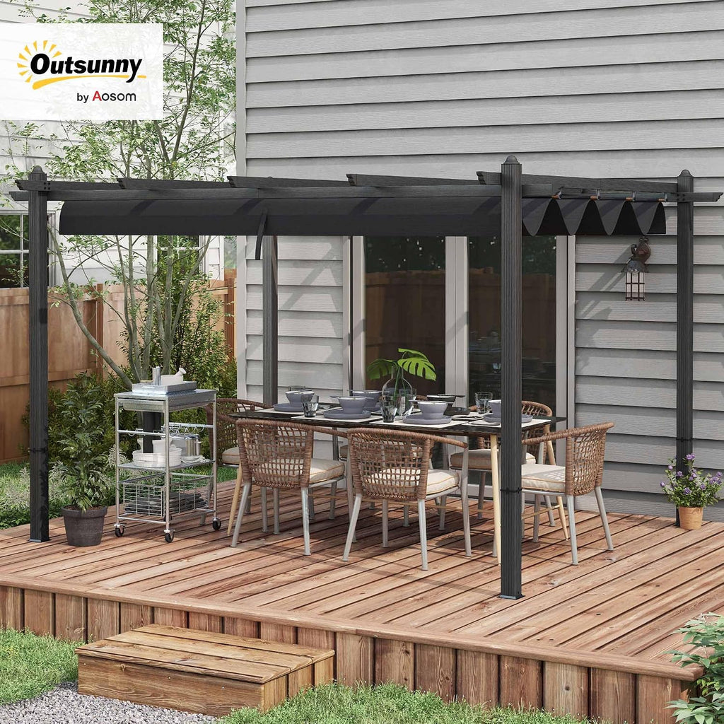 Outsunny 10' x 13' Retractable Pergola Canopy, Wood Grain Aluminum Pergola, Outdoor Sun Shade Shelter for Grill, Garden, Patio, Backyard, Deck, Gray