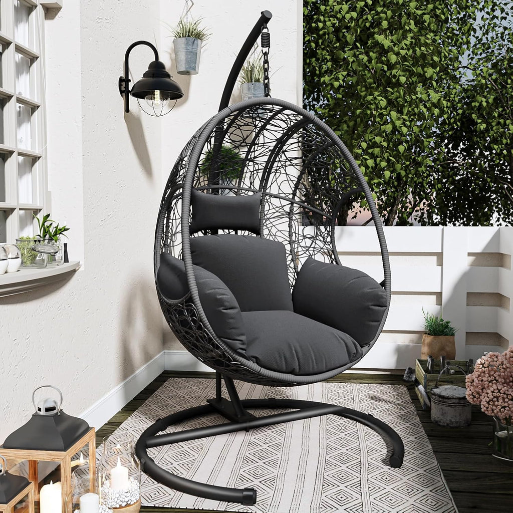 JOYBASE Hanging Egg Chair with Stand, Oversized Patio Swing Chair with Stand and Cushion, Hammock Wicker Rattan Lounge Chair for Indoor Outdoor Backyard Garden (Dark Grey)