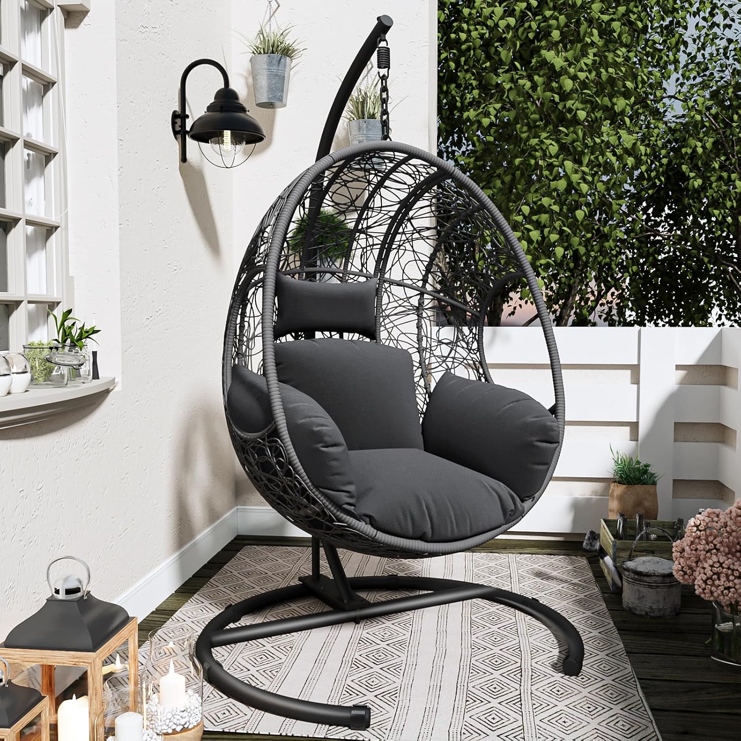 JOYBASE Hanging Egg Chair with Stand, Oversized Patio Swing Chair with Stand and Cushion, Hammock Wicker Rattan Lounge Chair for Indoor Outdoor Backyard Garden (Dark Grey)