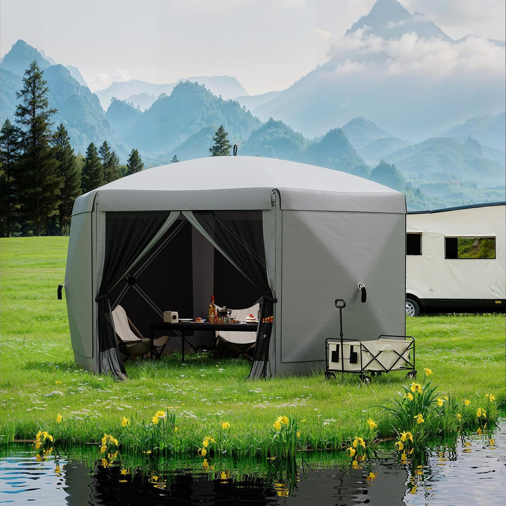 GarveeLife 11.5x11.5FT 6-Sided Pop Up Gazebo Tent，One-Push Setup Canopy Tent with Mesh Panels & Removable Wind Cloths, Outdoor shelter for Camping, Backyard Parties, Outdoor Events - Grey