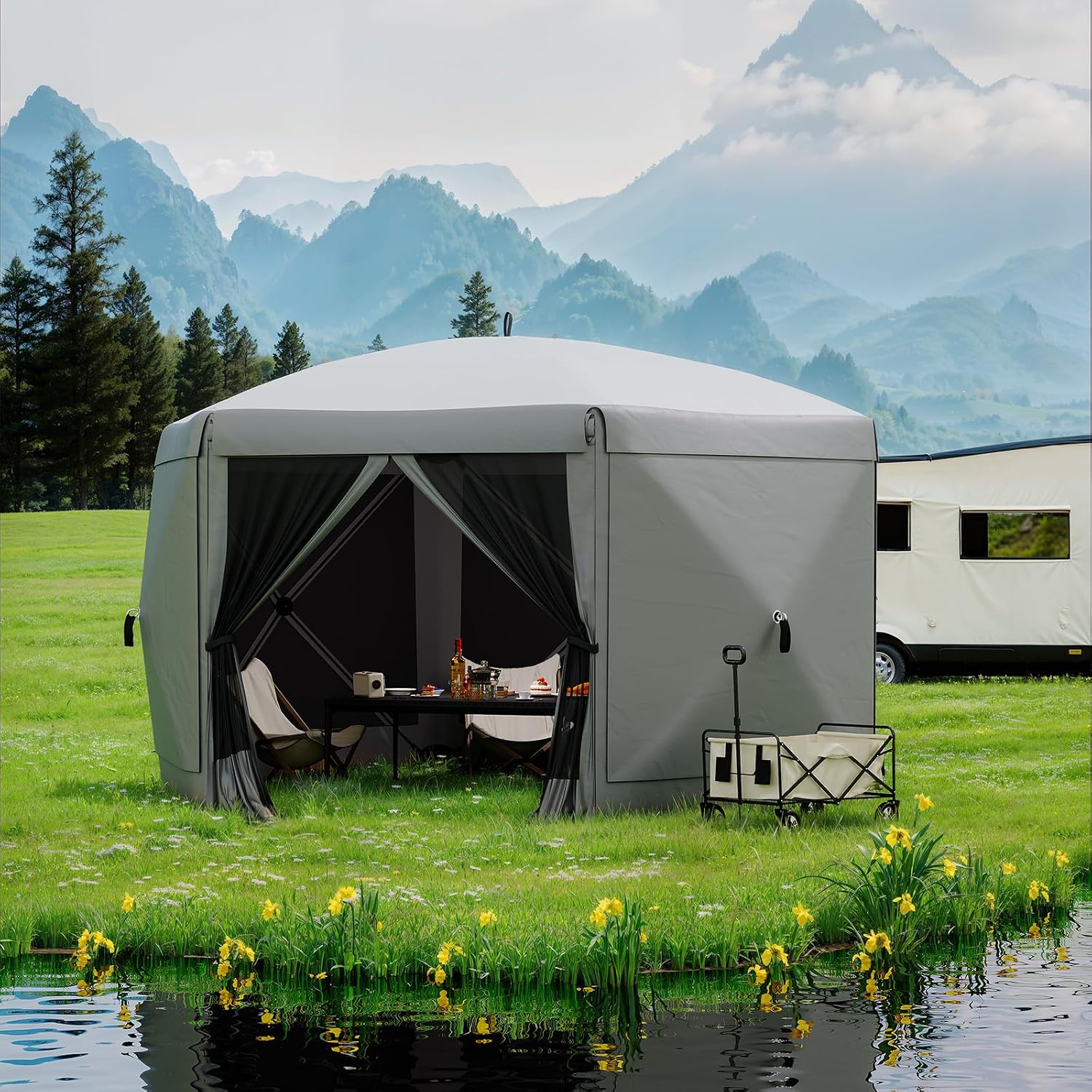 GarveeLife 11.5x11.5FT 6-Sided Pop Up Gazebo Tent，One-Push Setup Canopy Tent with Mesh Panels & Removable Wind Cloths, Outdoor shelter for Camping, Backyard Parties, Outdoor Events - Grey