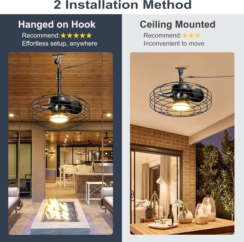 Coolbull 20 Inch Outdoor Ceiling Fans with Light, IP63 Waterproof Gazebo Fan with Hanging Hook, Plug in Caged Ceiling Fan, Remote&APP Control, 3 CCT, 6 Speeds for Patio, Pergola, Canopy, Black