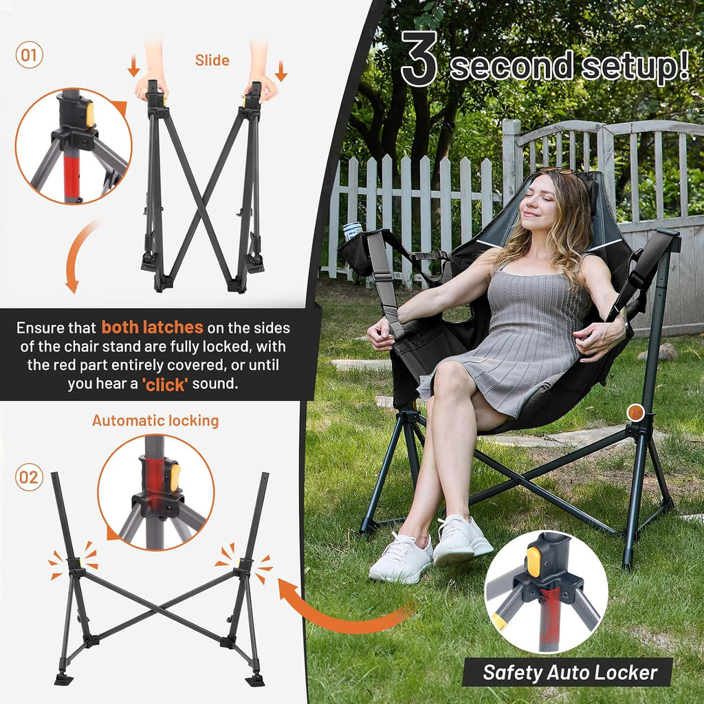 TIMBER RIDGE Oversized Hammock Camping Chair, Swinging Chair with Adjustable Back and Seat Height, Portable Folding Rocking Chair for Outdoor Lawn, Backyard and Patio, Supports 400lbs, Black, 2 Pack