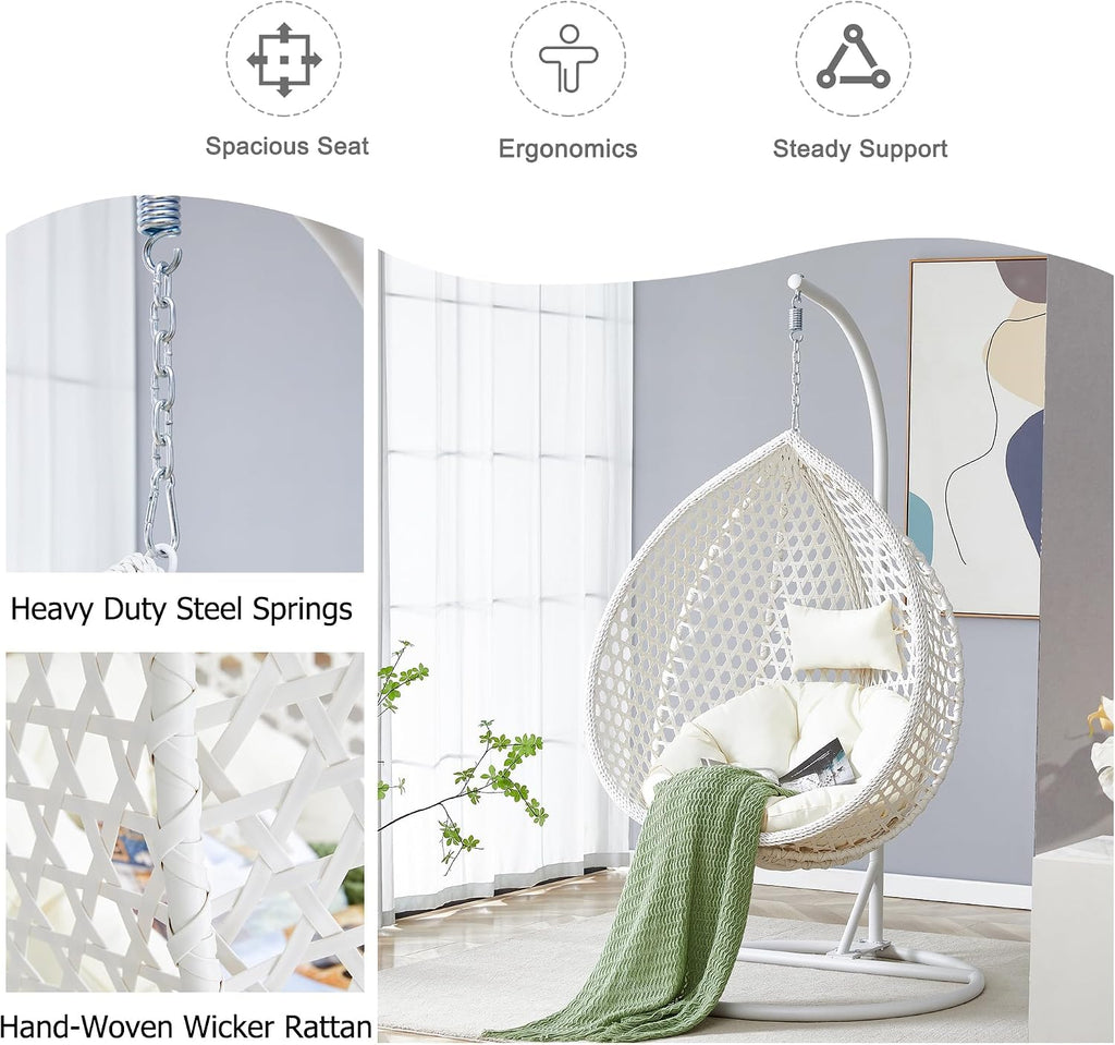 JUFU White Egg Chair with Stand, Indoor Outdoor Hanging Swing Chair with Thick Cushion and Pillow, 350 lb Capacity Wicker Patio Chair for Balcony, Bedroom, Porch, Sunroom