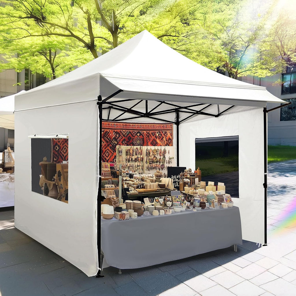 Quictent 10x10 Heavy Duty Pop up Canopy Tent with 3 Removable Sidewalls, Commercial Grade Instant Shelter with Wheeled Bag for Outdoor, Parties, Markets, 600D PU Coated UPF 50+ Sun Shield