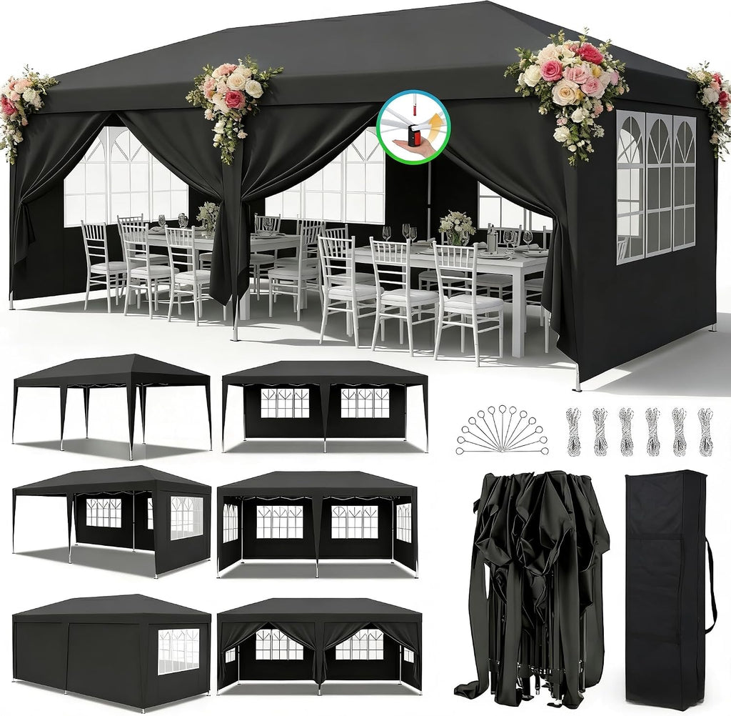 10x20 Pop Up Canopy Outdoor Party Tent with 6 Sidewalls, Outdoor Wedding Party Tent Waterproof UV50 Commercial Canopy Event Shelter Gazebo Tents for Parties, 6 pcs Weight Bag,Carry Bag