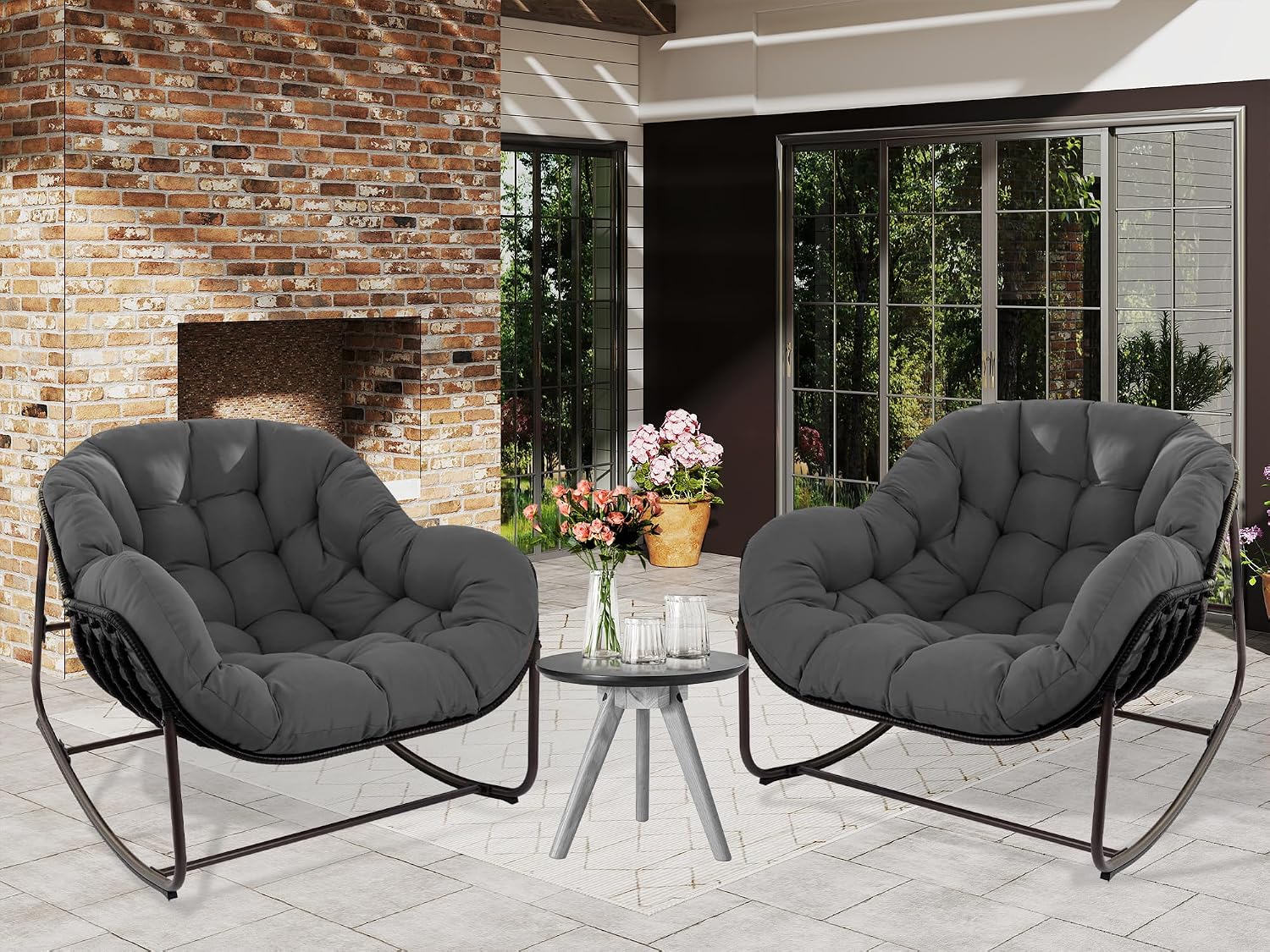 Papasan Rocking Chair, Oversized Papasan Chair with Cushion and Frame for Indoor& Outdoor,Egg-Shaped Patio Rocking Chair for Garden, Deck, Living Room, Light Grey