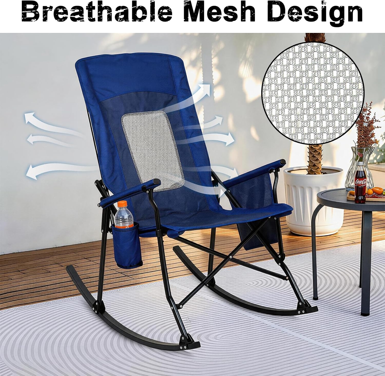 Romswi 2 Pack Rocking Camping Chair for Adult 400LBS Capacity, Heavy Duty Folding Rocking Chairs, Portable Outdoor Rocker with High Back & Hard Armrests for Camping, Beach, Patio, Backyard, Mesh Blue