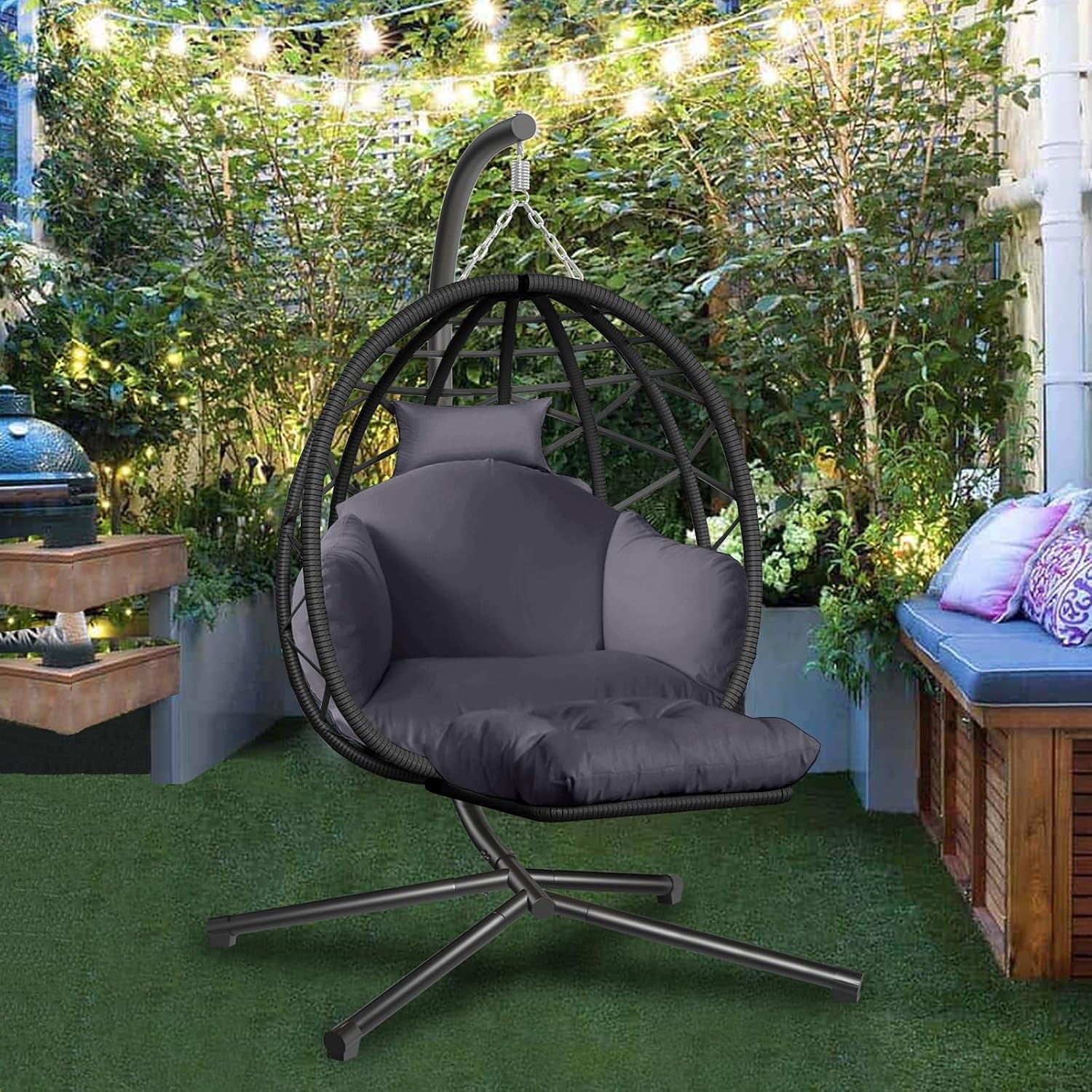 Hanging Egg Chair with Stand and Leg Rest Outdoor Indoor Swing Rattan Wicker with UV Resistant Cushions Gift for Kid Mom Girlfriend use for Bedroom Patio Balcony Nest Chair