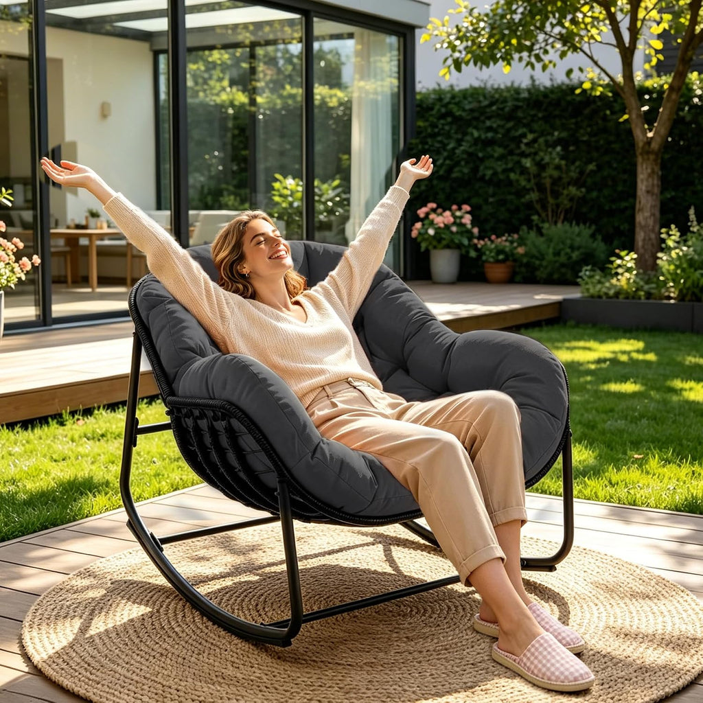 Papasan Rocking Chair Indoor & Outdoor, All Weather Wicker Papasan Patio Chair with Cushion & Pillow, Oversized Papasan Rocker Egg Chair for Bedroom, Garden, Patio - Grey.