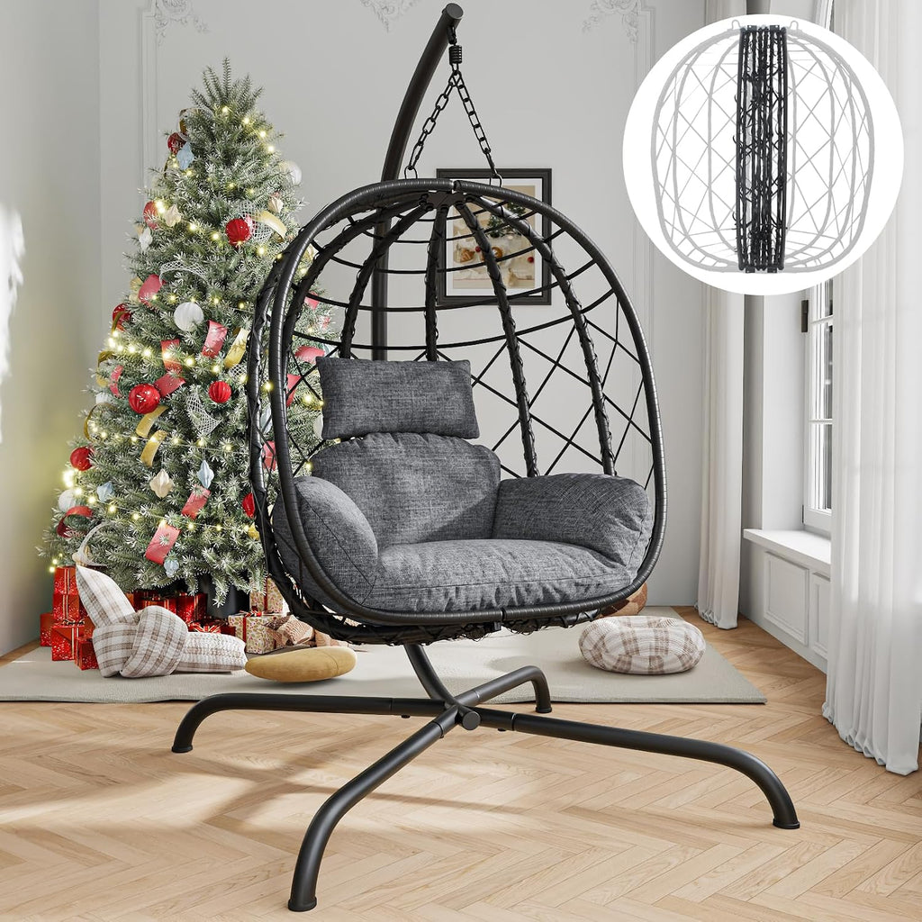 Hanging Egg Chair with Stand Patio Wicker Rattan Swing Chair Hammock Egg Chair for Indoor & Outdoor 400lbs Capacity with Thickened Cushion for Bedroom Balcony Garden