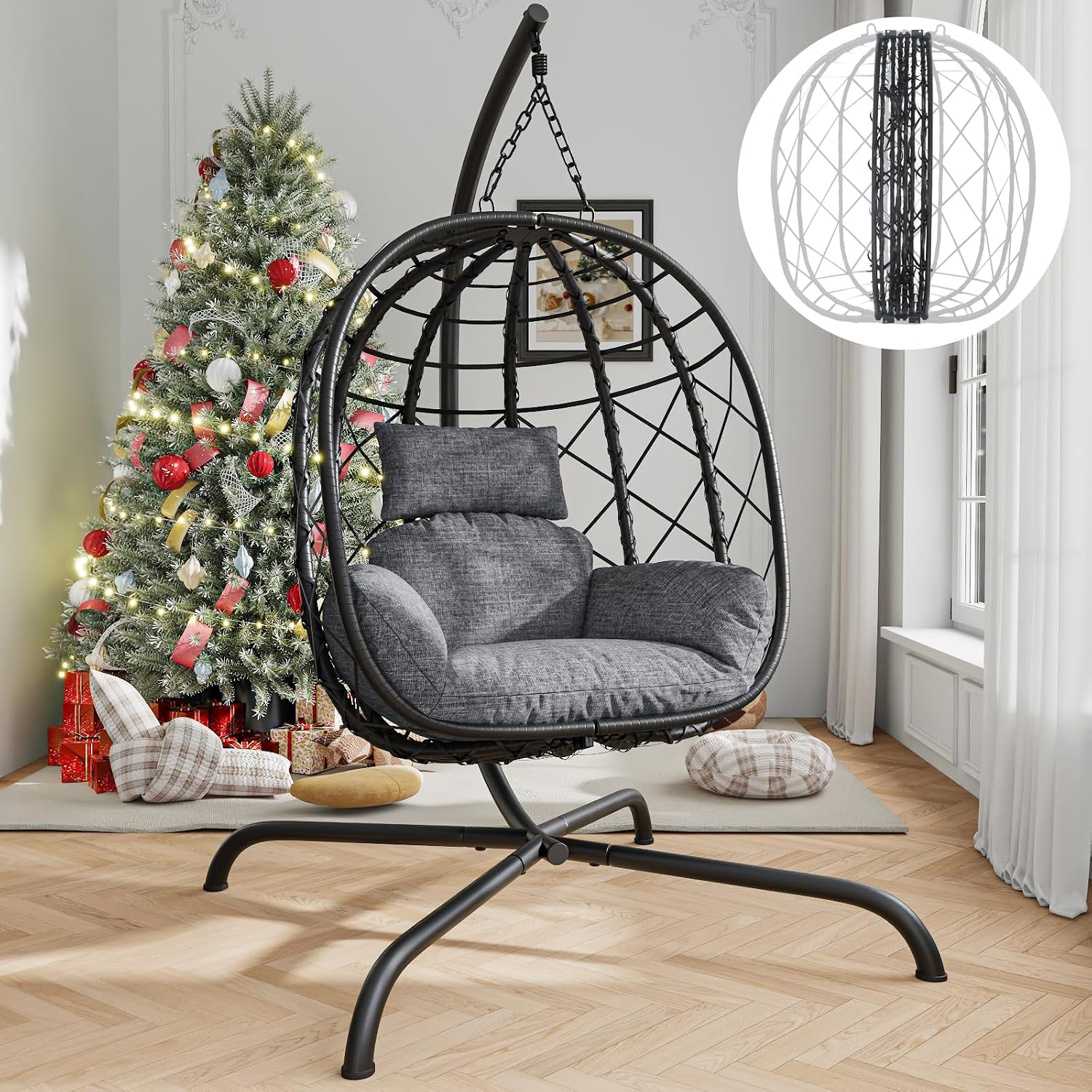 Hanging Egg Chair with Stand Patio Wicker Rattan Swing Chair Hammock Egg Chair for Indoor & Outdoor 400lbs Capacity with Thickened Cushion for Bedroom Balcony Garden
