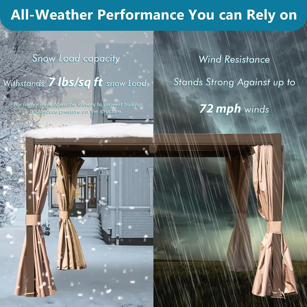 Domi 10x12FT Outdoor Louvered Pergola Full Aluminum Structure,Patio Pergola with Two Independently Adjustable Roof for Backyard, Sun Shade Gzebo with Gutter System for Garden Deck(Dark Brown)