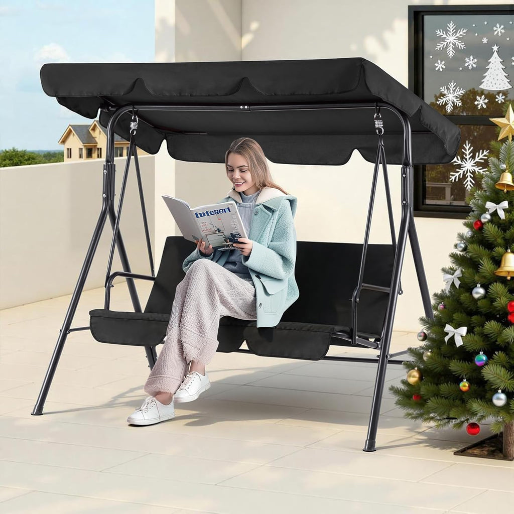 MCombo 2-3 Person Outdoor Patio Swing Chair, Convertible Canopy Hanging Swing Glider Lounge Chair, Removable Cushions, 4003 (Black)