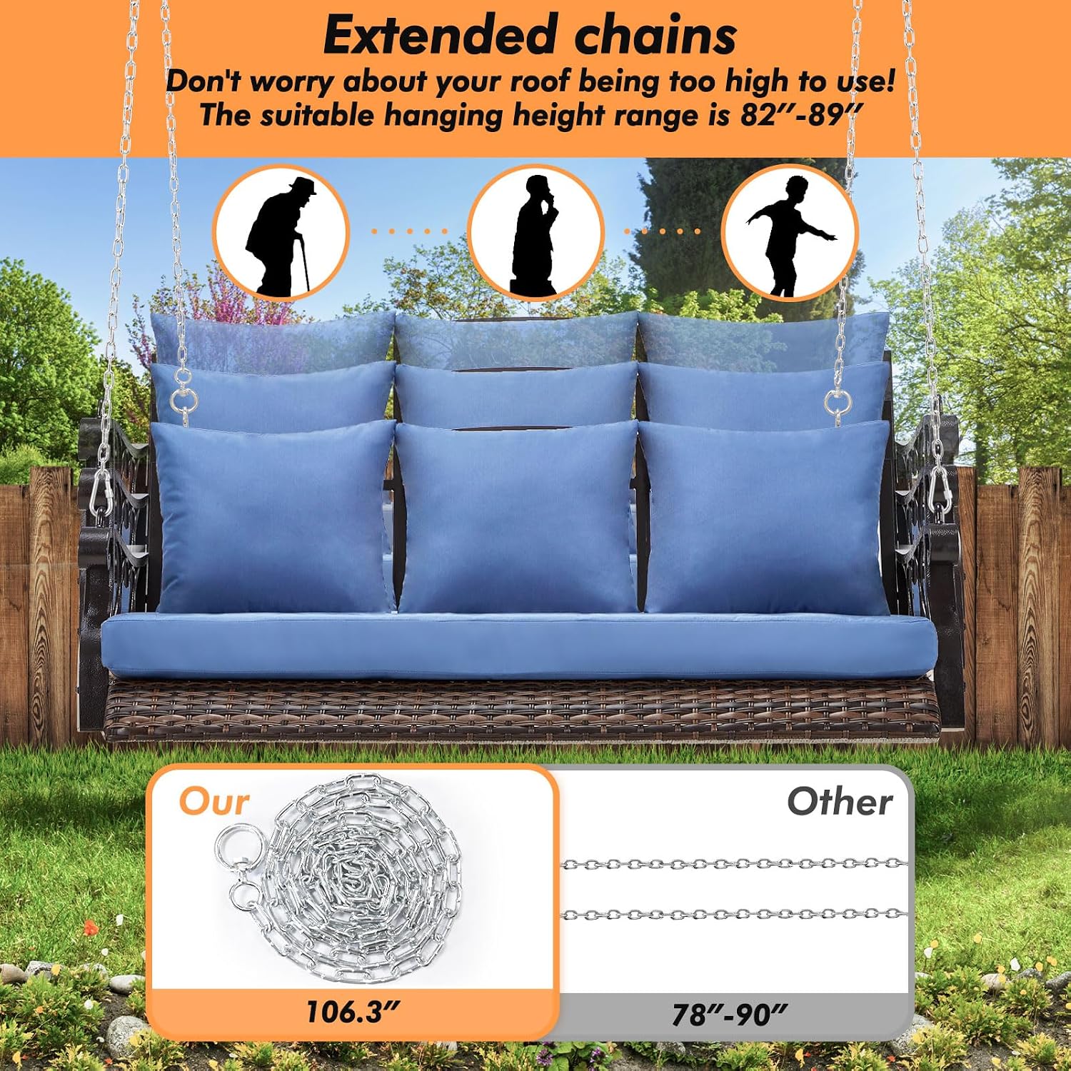 ZZW Heavy Duty 900 LBS Porch Swing Chair 3-Person Outdoor Rattan Patio Swing Lounge w/Cup-Holder & Steel Chains Wicker Hanging Bench Porch Swing Cushions for Deck & Backyard & Garden