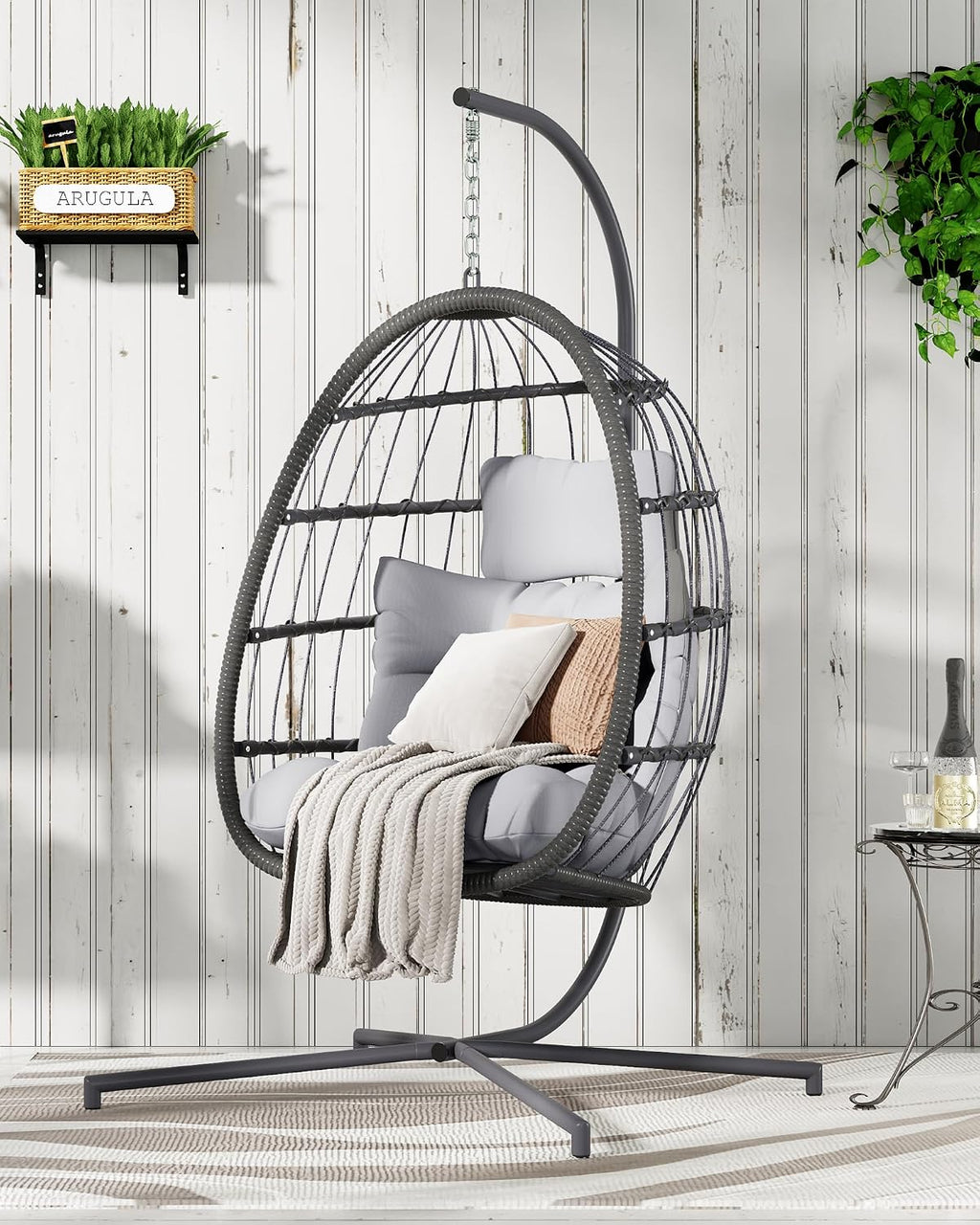 HWB Hanging Egg Chair with Stand, Patio Wicker Egg Swing Chair with Cushion for Bedroom Garden Indoor Outdoor (Grey)