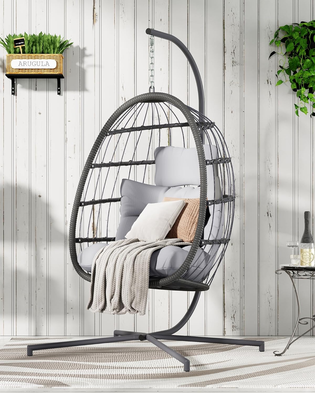 HWB Hanging Egg Chair with Stand, Swing Hammock Chair with Cushion for Indoor Outdoor, Patio Wicker Egg Swing Chair for Balcony Furniture, Light Gray