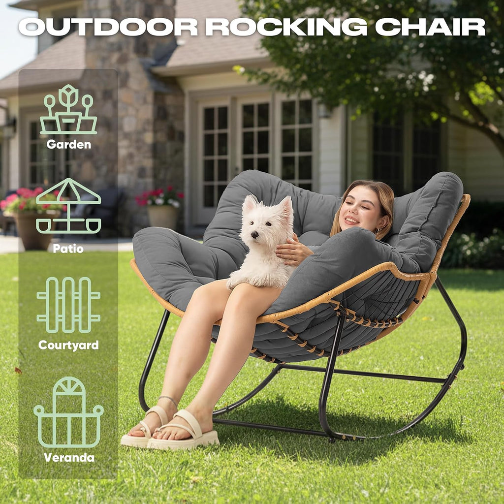Papasan Chair with Cushion, Oversized Outdoor Rocking Chair, Patio Egg Chair Outdoor, Wicker Modern Cozy Comfy Chair for Bedroom, Living Room, Garden, Balcony, Lawn, Dark Grey
