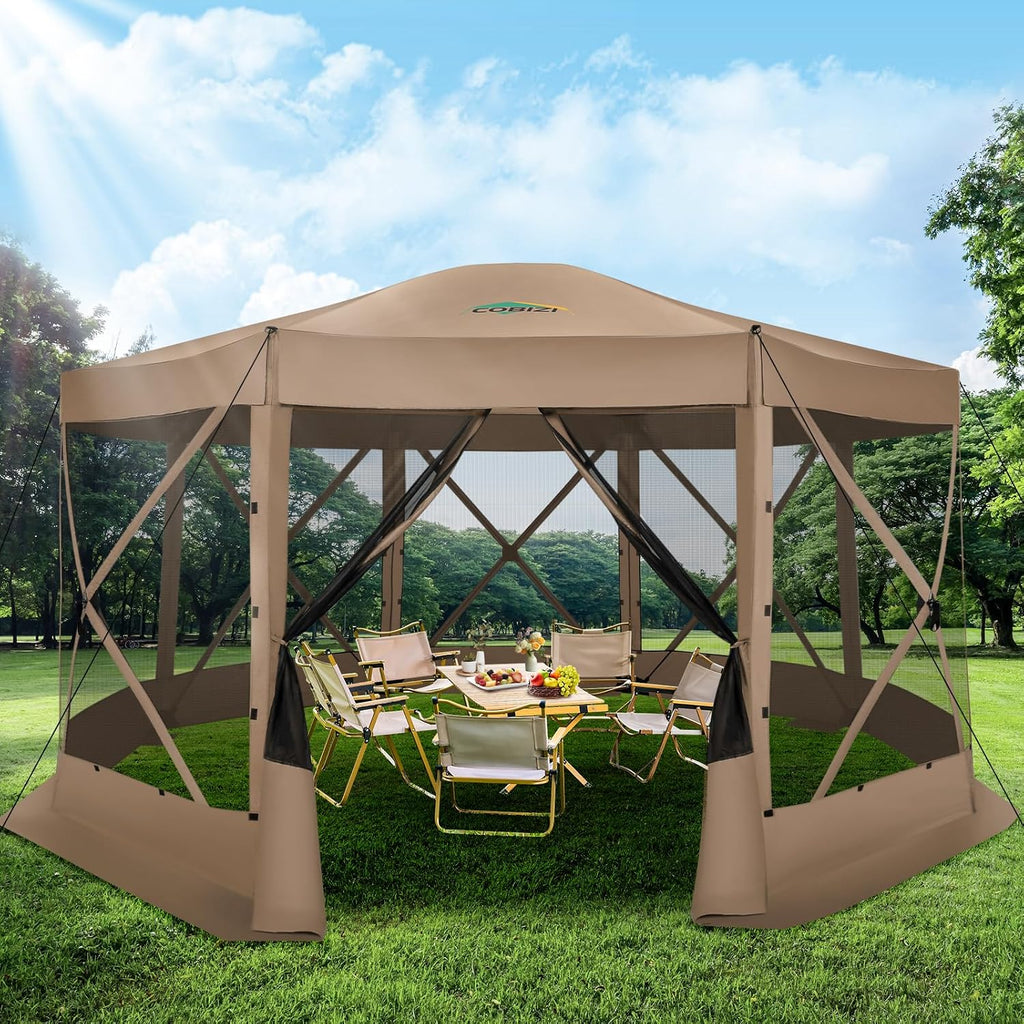 COBIZI Pop Up Gazebo Screen Tent Screen House for Camping, 15x15 Screen Room with Mosquito Netting, Hub Tent Instant Screened Canopy with Carrying Bag and Ground Stakes, Khaki