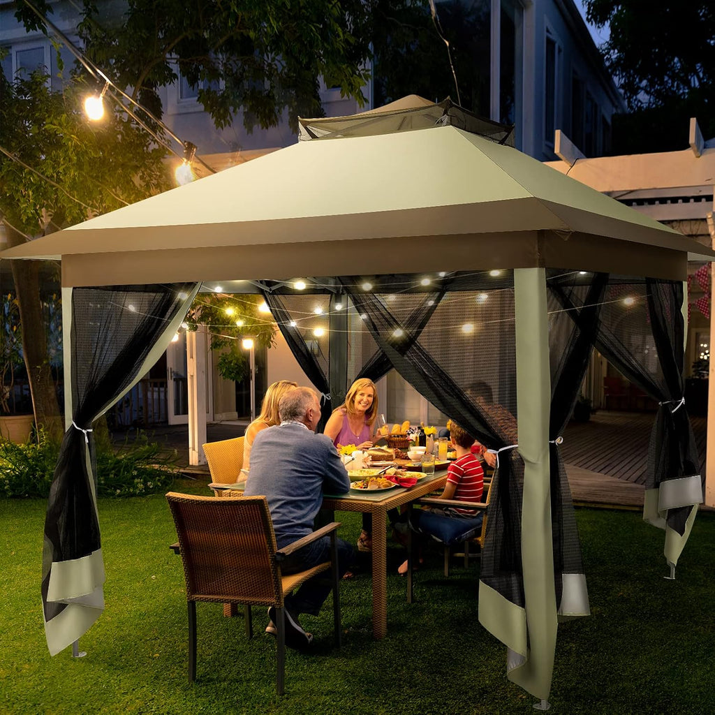 HOTEEL 13x13 Pop Up Gazebo Canopy Tent - Easy Up Outdoor Waterproof Portable Gazebo With Mosquito Nettings, Double Vented Roof and Carry Bag for Patio Garden Lawn (Khaki)