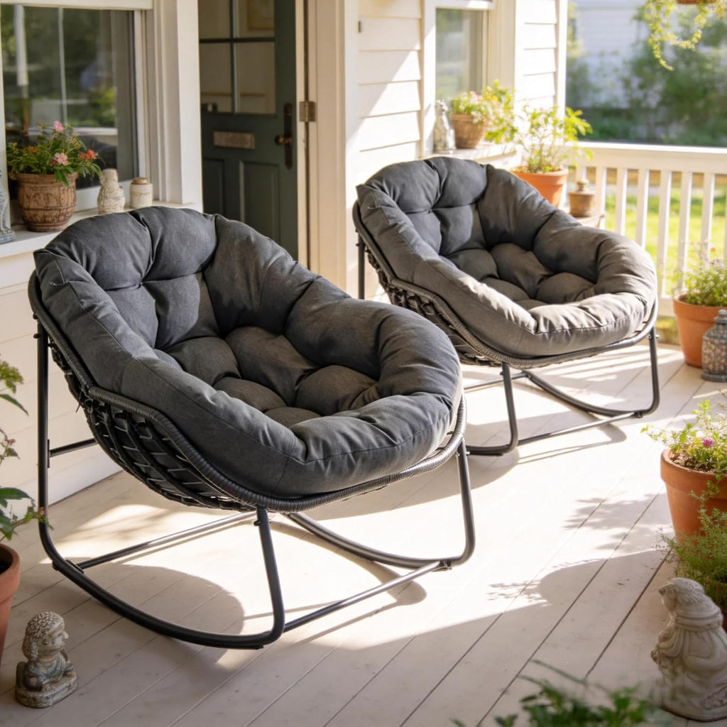 YDcosyfy Oversized Outdoor Papasan Rocking Chair Set of 2 with Soft Cushion, Comfy Patio Egg Chair, Wicker Lounge Rocker for Balcony/Porch/Garden, Reinforced All Weather Rattan Frame, Dark Grey