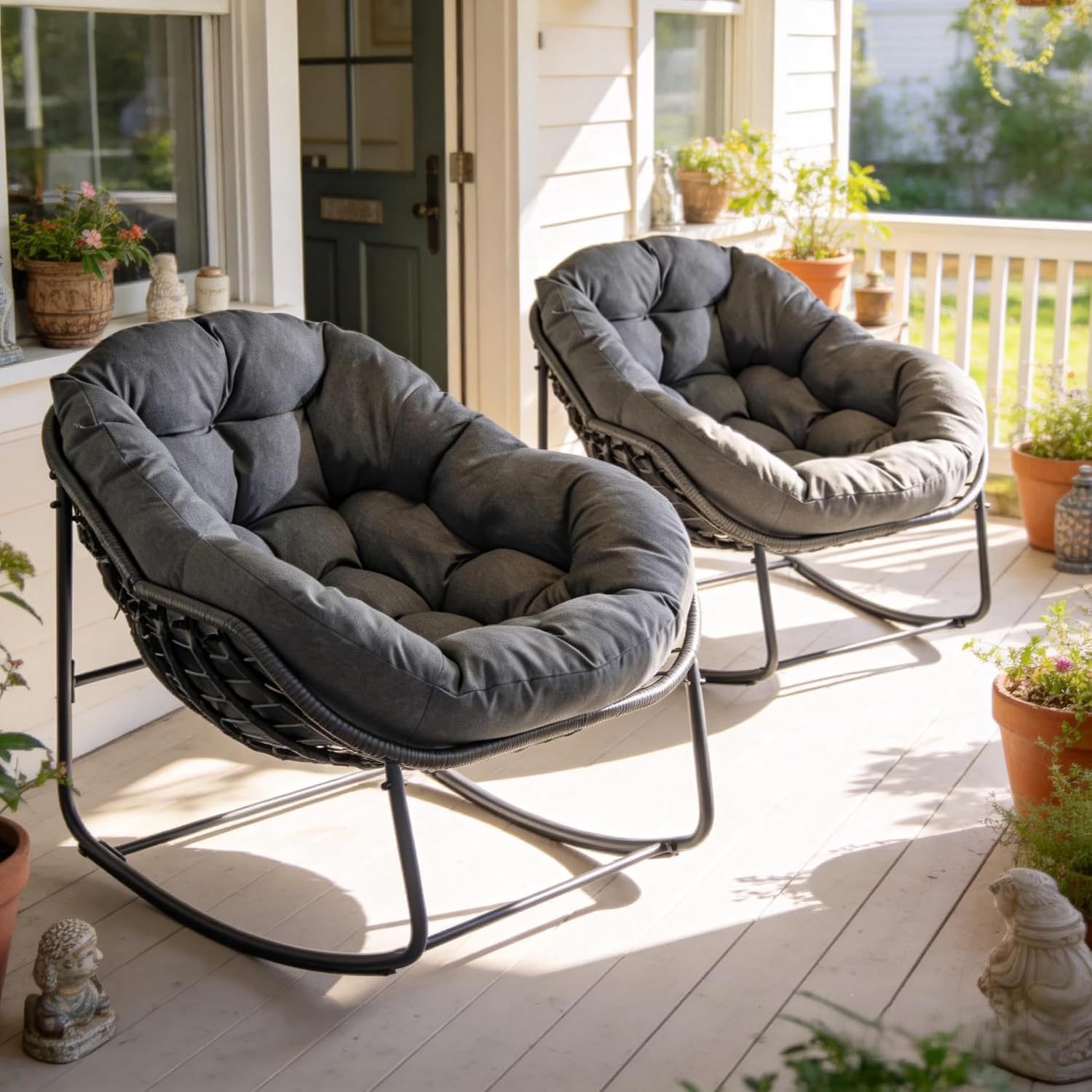YDcosyfy Oversized Outdoor Papasan Rocking Chair Set of 2 with Soft Cushion, Comfy Patio Egg Chair, Wicker Lounge Rocker for Balcony/Porch/Garden, Reinforced All Weather Rattan Frame, Dark Grey