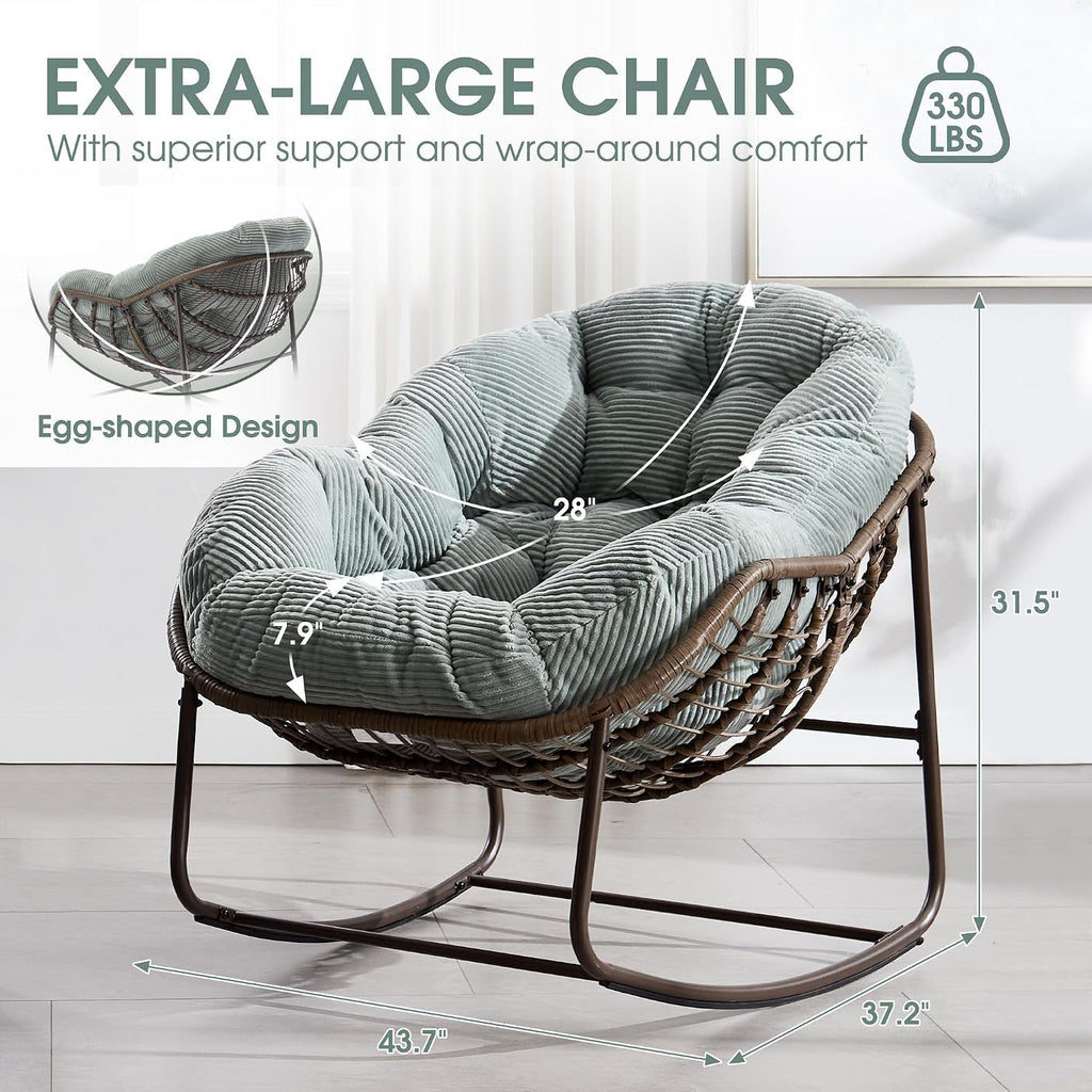 Oversized Papasan Rocking Chair - Outdoor Luxury Comfy Patio Chair Set of 2, Indoor Egg Royal Rattan Rocking Chair with Strip Velvet Cushion for Porch Lounge Bedroom Living Room (Green)
