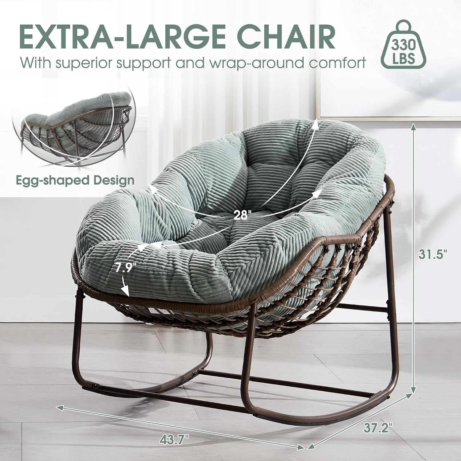 Oversized Papasan Rocking Chair - Outdoor Luxury Comfy Patio Chair Set of 2, Indoor Egg Royal Rattan Rocking Chair with Strip Velvet Cushion for Porch Lounge Bedroom Living Room (Green)