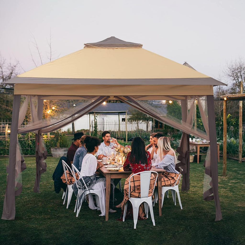 11x11 FT Gazebo Tent, Outdoor Tents for Parties with Mosquito Netting, Folding Heavy Duty Height Adjustable Canopy Tent for Patio Backyard Garden (Brown)