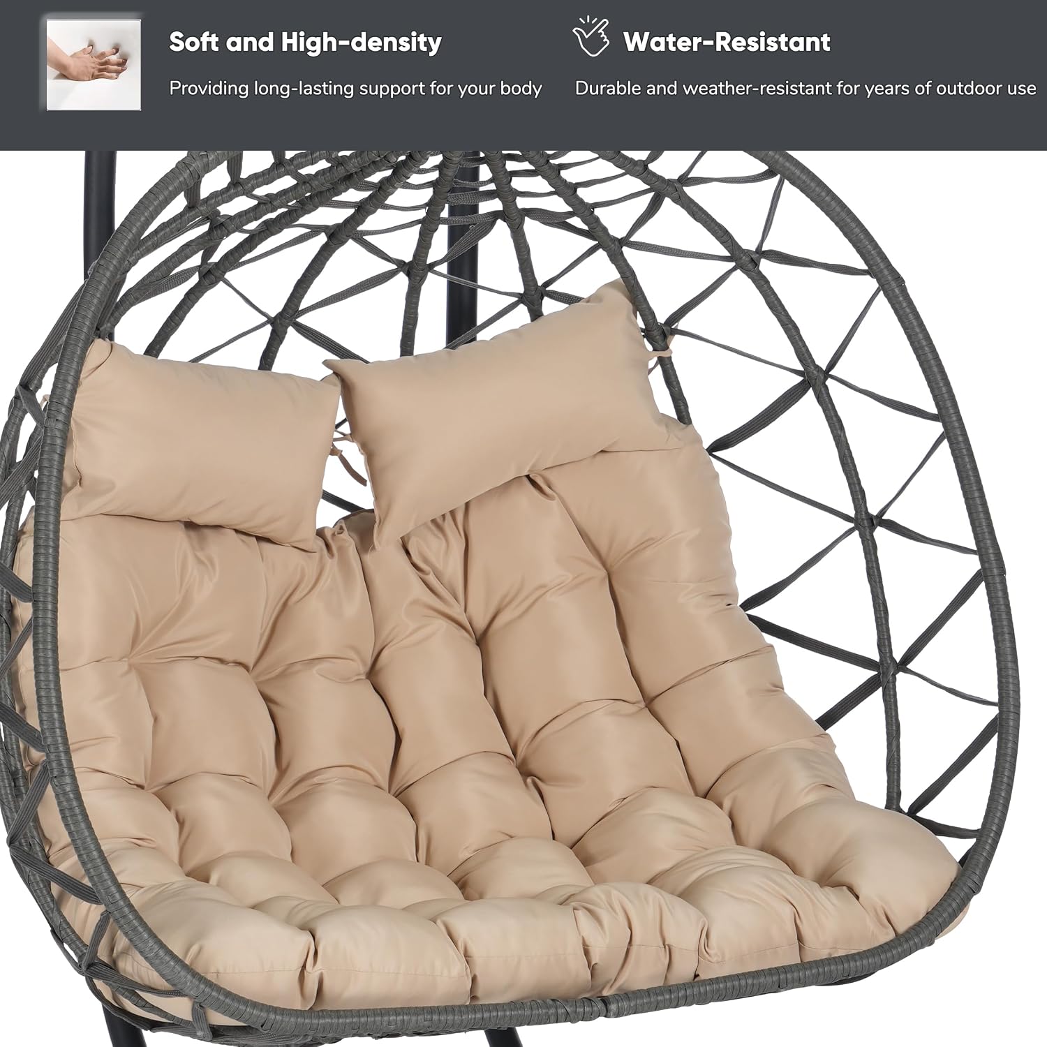 JOYBASE Double Swing Egg Chair with Stand, 2-Person Hanging Egg Chair Wicker Rattan Oversized Swinging Chair for Outdoor Indoor Garden Patio (Khaki Cushion and Grey Rattan)