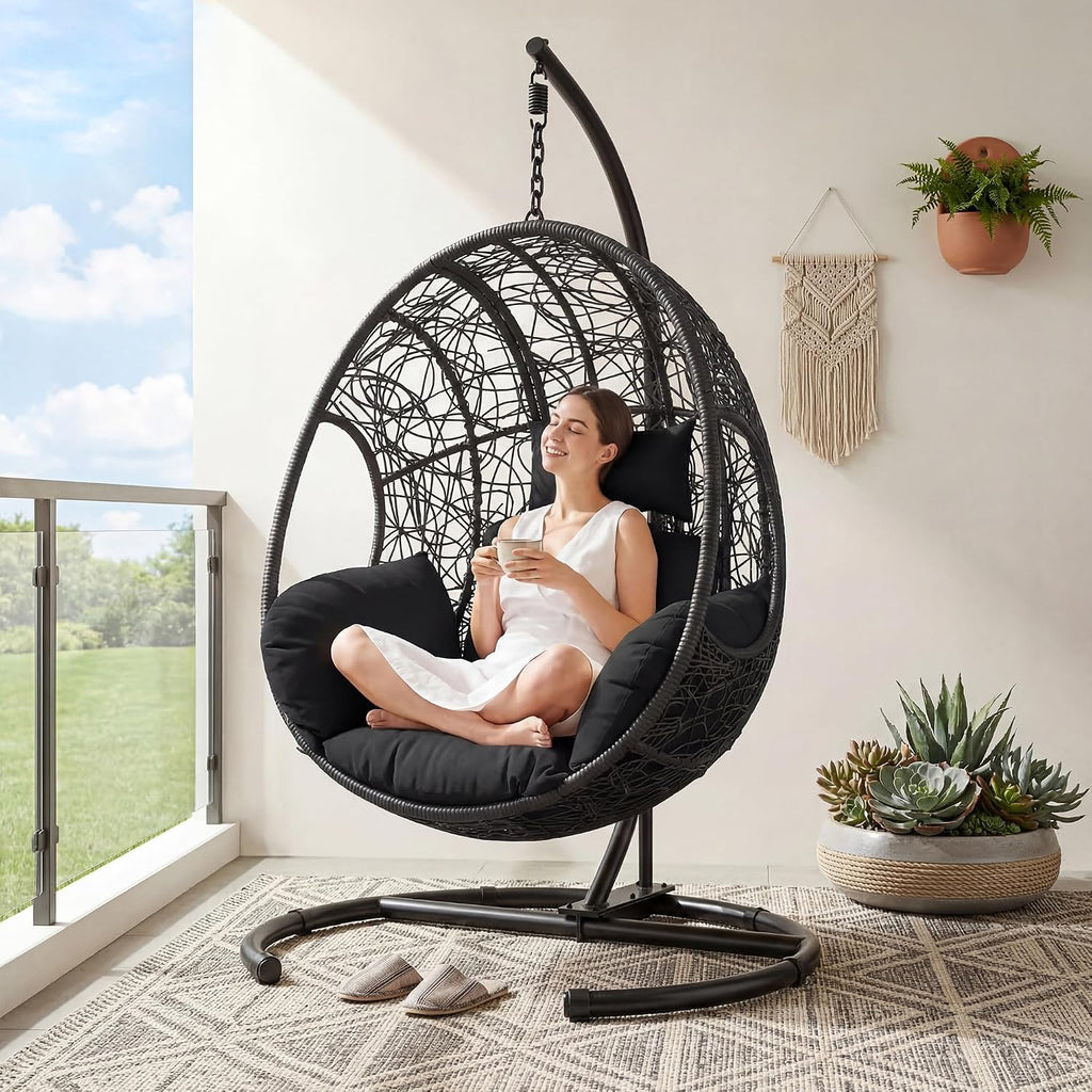 Oversized Hanging Egg Chair with Stand Outdoor Wicker Swing Chair Comfy Hammock Egg Shaped Chair 400lbs Capacity for Patio, Garden and Balcony