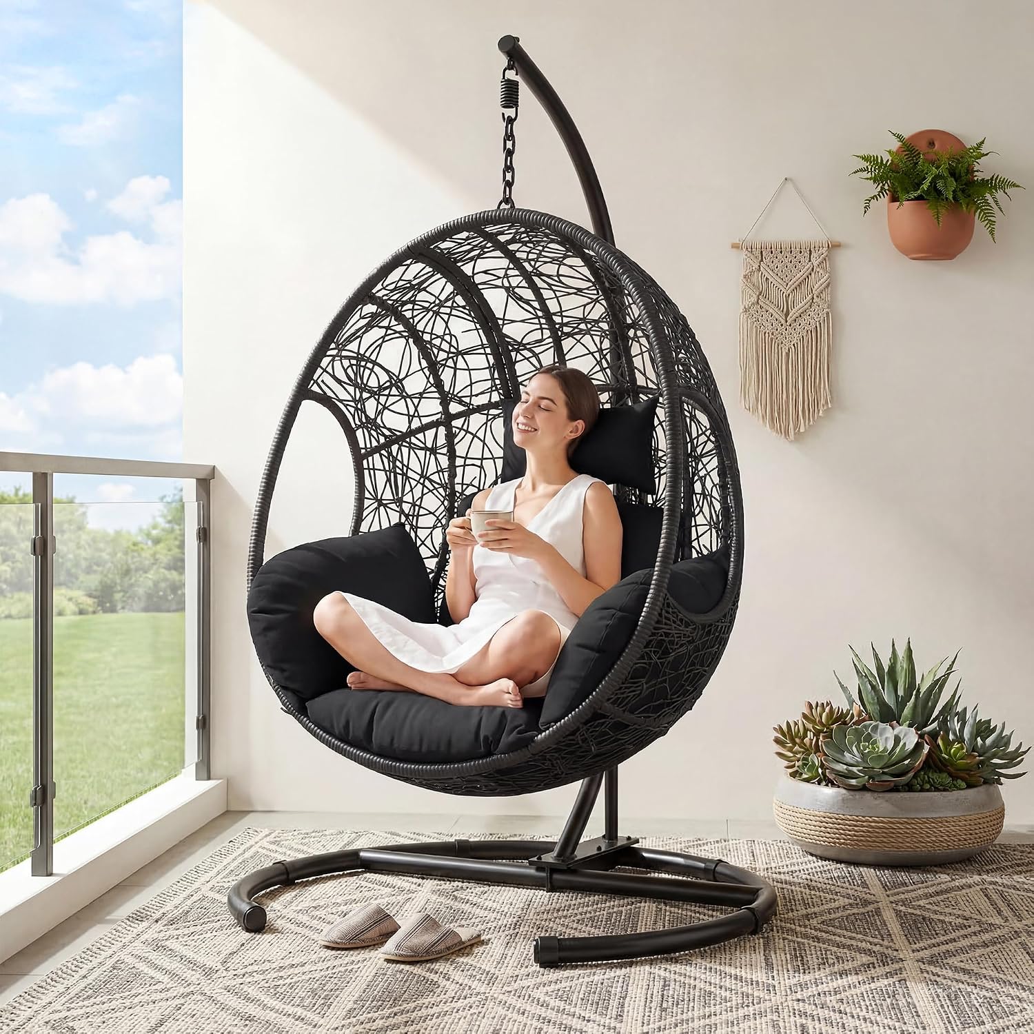 Oversized Hanging Egg Chair with Stand Outdoor Wicker Swing Chair Comfy Hammock Egg Shaped Chair 400lbs Capacity for Patio, Garden and Balcony