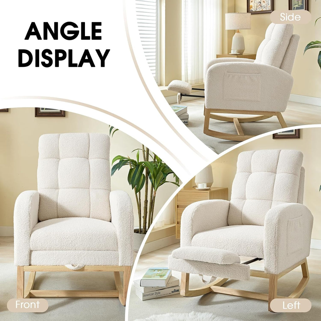 NIOIIKIT Modern Nursery Rocking Chair, Teddy Upholstered Rocking Chair with Footrest, Comfortable Rocker Chair with Side Pocket, Rocker Chair for Living Room, Bedroom, Nursing Room (White)