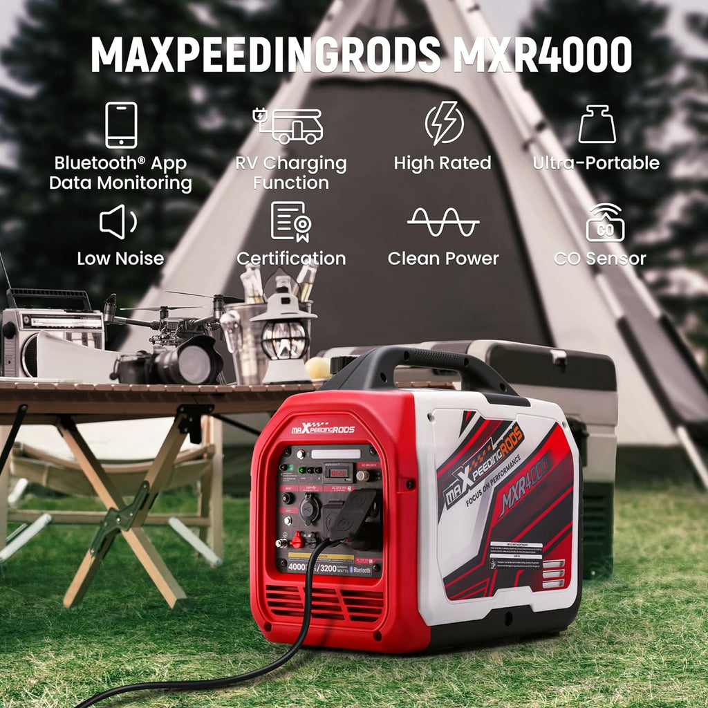 maXpeedingrods 4000 Watt Portable Inverter Generator Gas Powered, with CARB Compliant, App Remote Data Monitor, Compact and Lightweight for Outdoor Camping, Family Power Failure in Extreme Weather