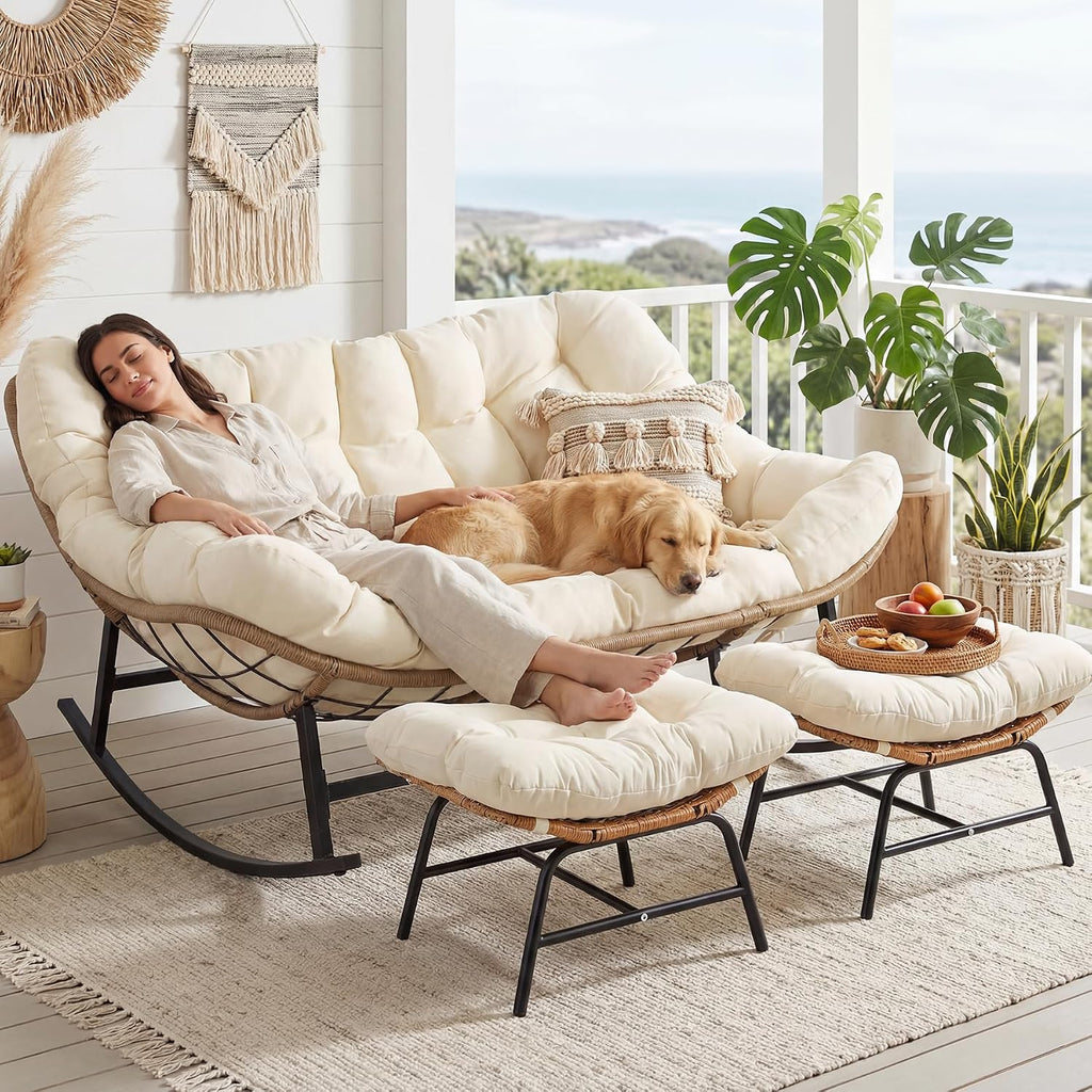 BULEXYARD Double Papasan Rocking Chair Outdoor, 2 Person Oversized Wicker Patio Egg Rocking Chair with Cushion, Heavy Duty Comfy Loveseat for Balcony, Porch, Garden