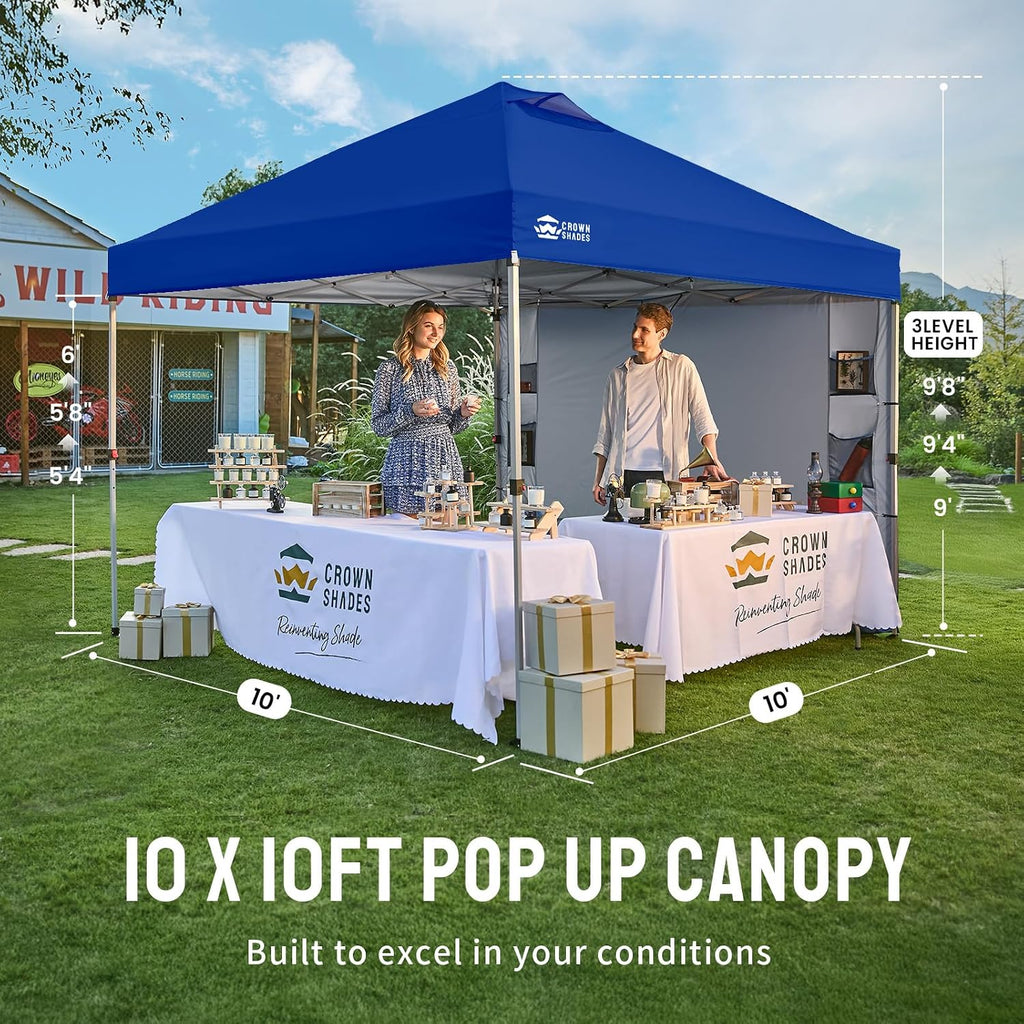 CROWN SHADES Canopy Tent, 10 x 10 Foot Portable Pop Up Outdoor Shelter with Pocket Sidewall, Push Center Lock, UV Protection, and Carry Bag, Navy Blue